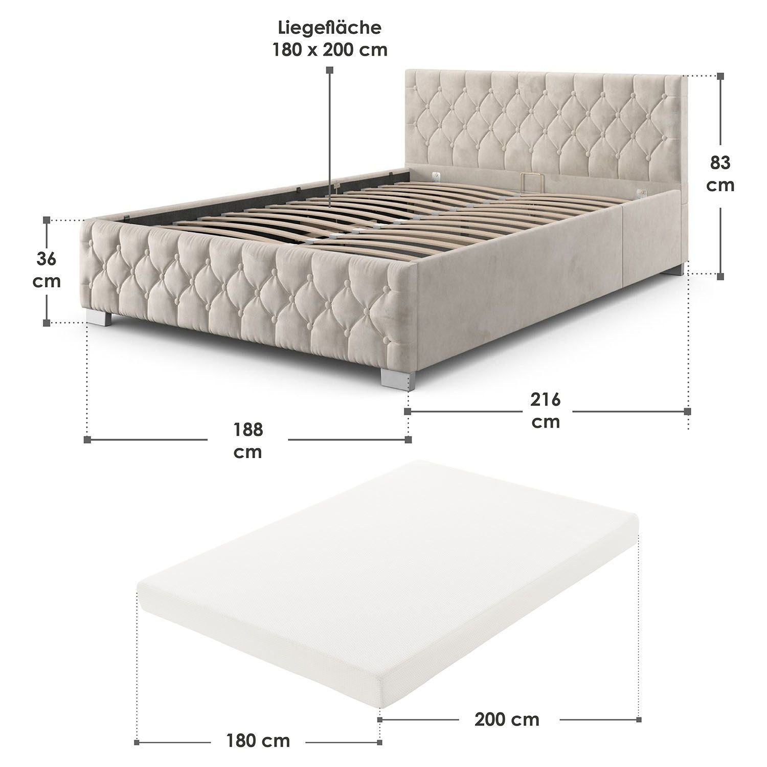 Juskys Polsterbett Nizza, 180x200 cm, Samt-Bezug, LED-Licht, großer Bettkasten, inkl. Matratze