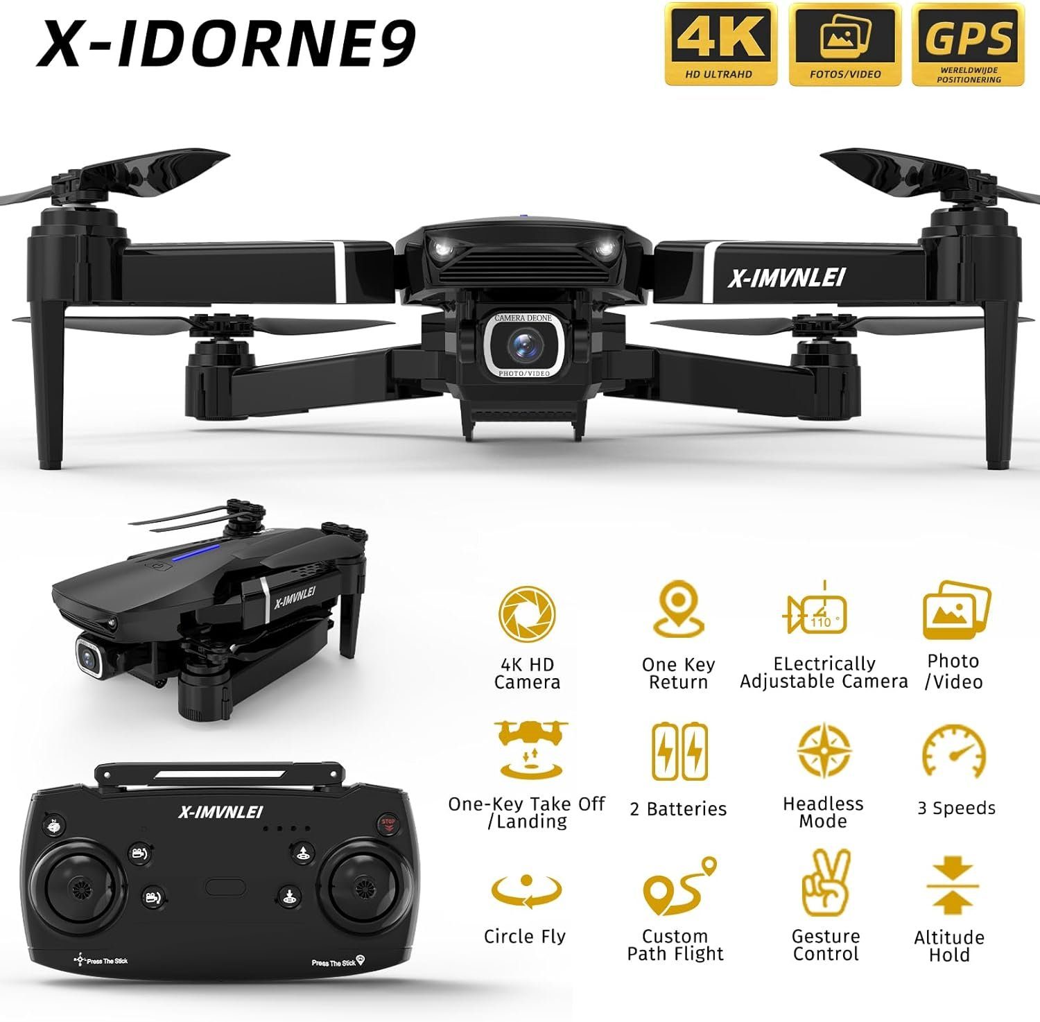 X-IMVNLEI X9 GPS follow me GPS auto return RC Quadrocopter Drohne (mit Kamera UHD 4K Faltbar video Drohnen mit Einstellbarer 110)