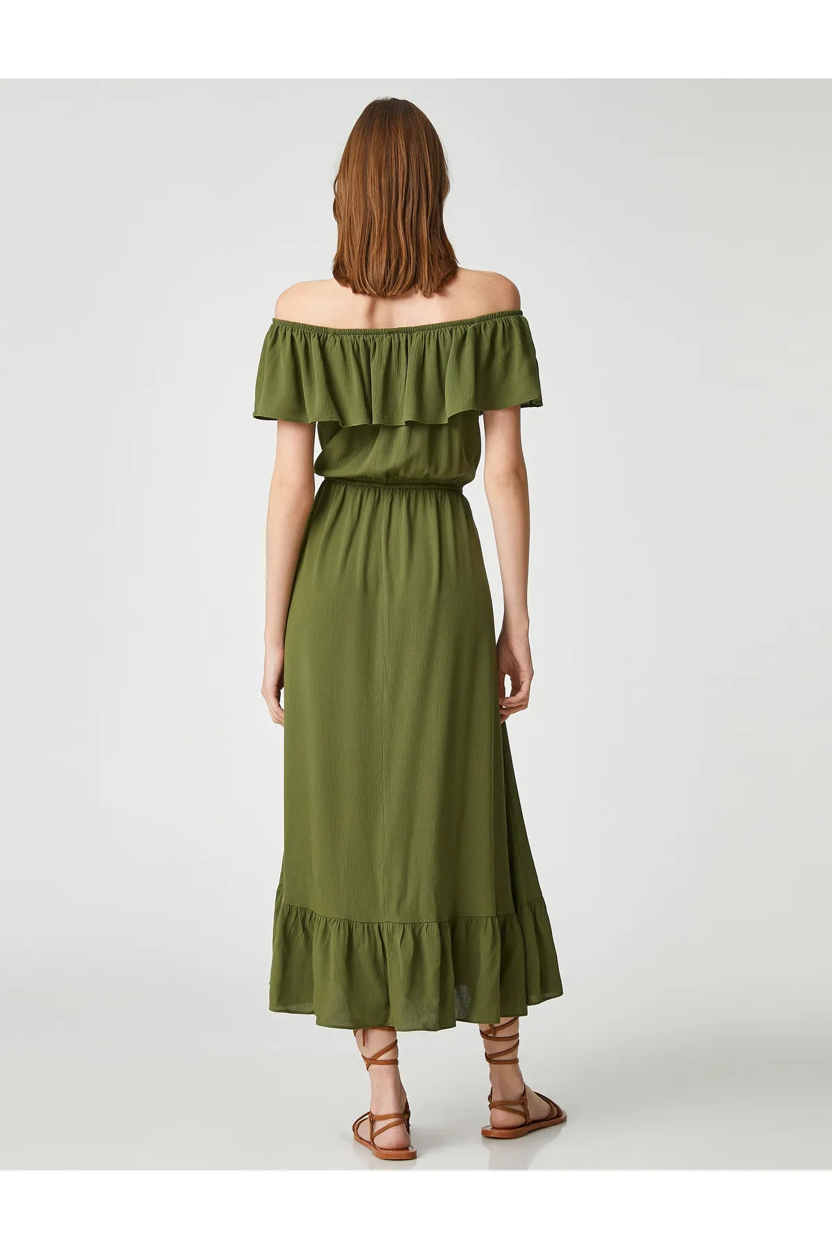 Koton  U-Boot-Ausschnitt, schlichtes Khaki-Midi-Damenkleid 3sak80001pw