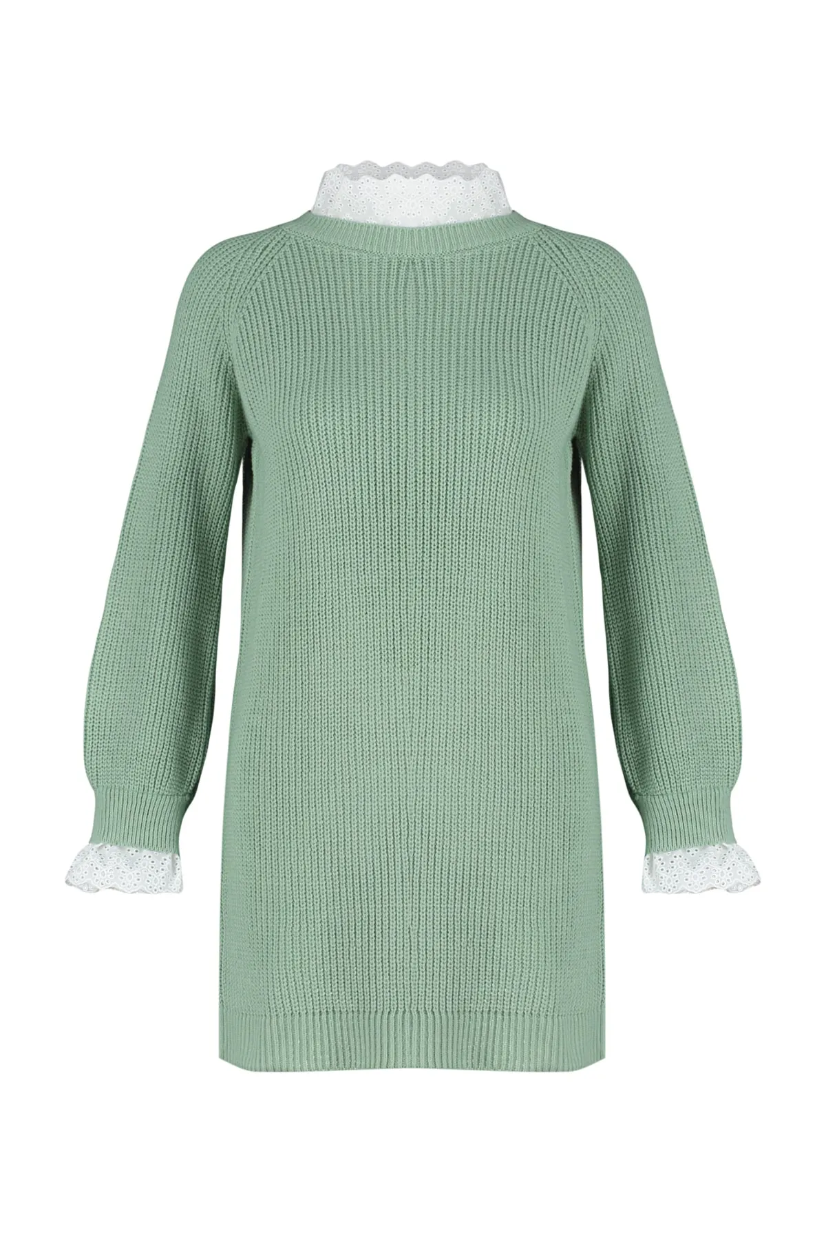 Trendyol Modest  Mintfarbener, detaillierter Selanik-Strickpullover aus Guipure-Spitze TCTAW24AK00126
