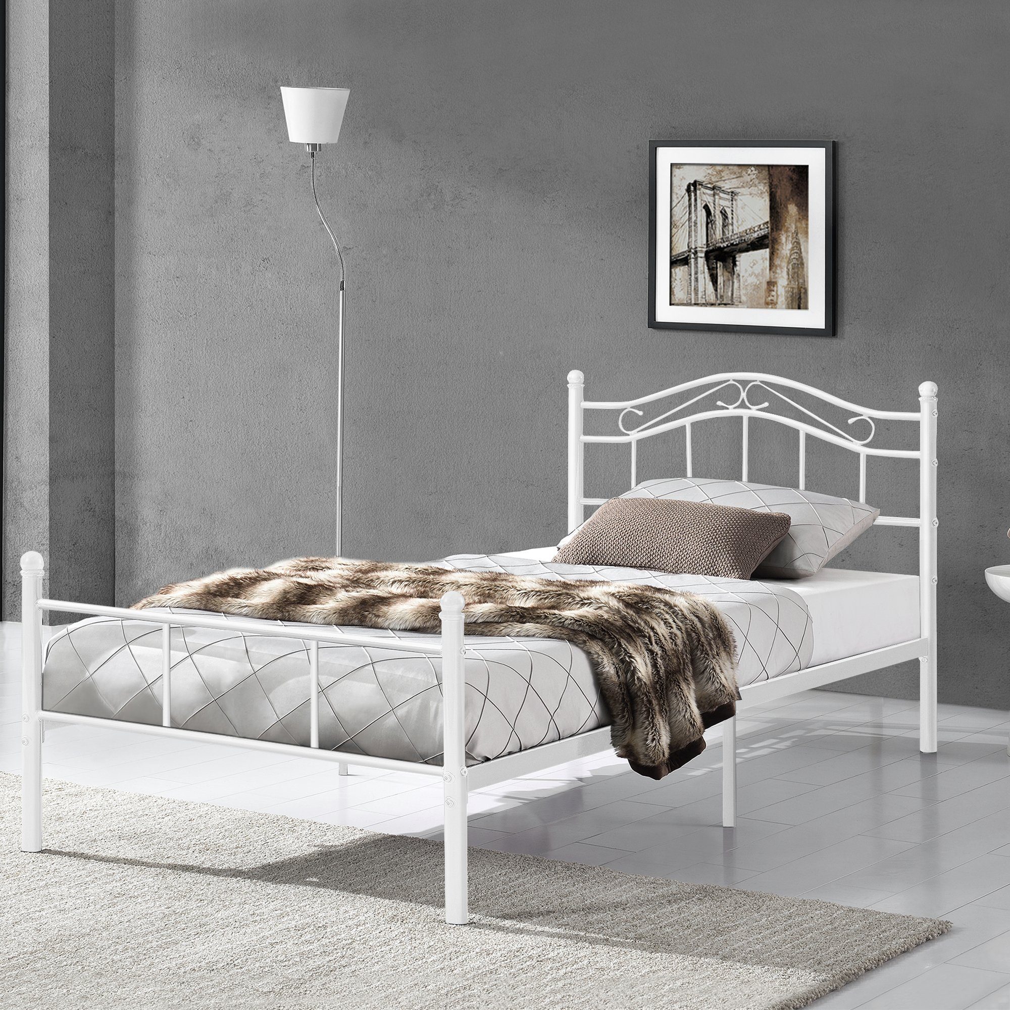 en.casa Metallbett, Damur - weiß - 120x200cm - mit geschwungenem Kopfteil