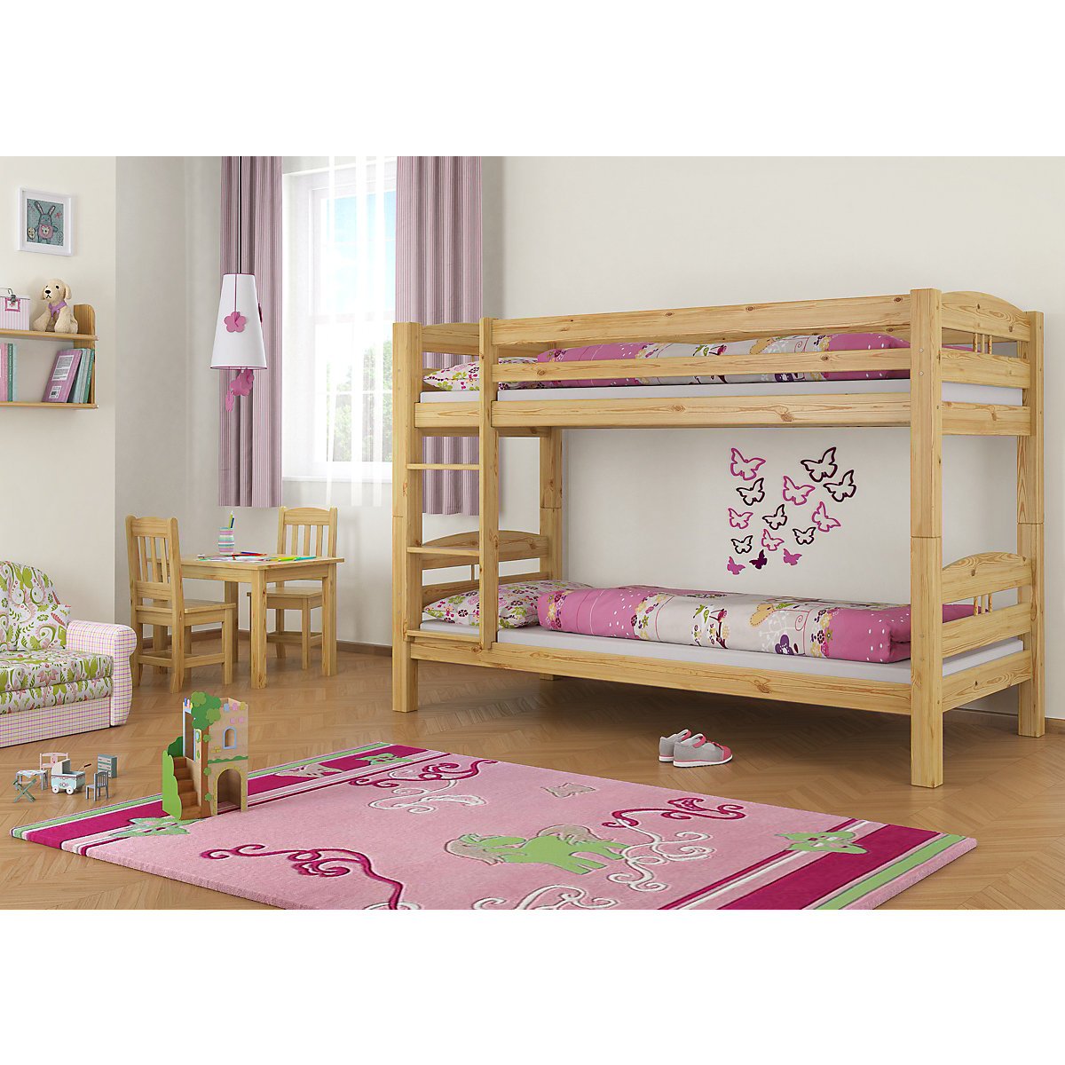 Stockbett 90x200 Kiefer massiv mit Rollrost und Matratzen