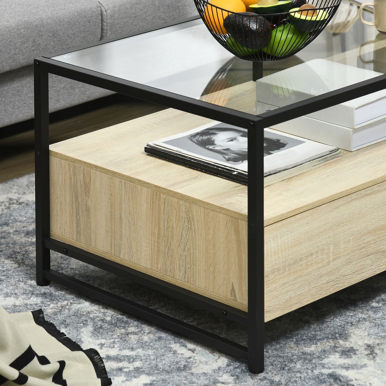 HOMCOM Couchtisch, Beistelltisch mit Schublade, Kaffeetisch mit Stauraum Eiche
