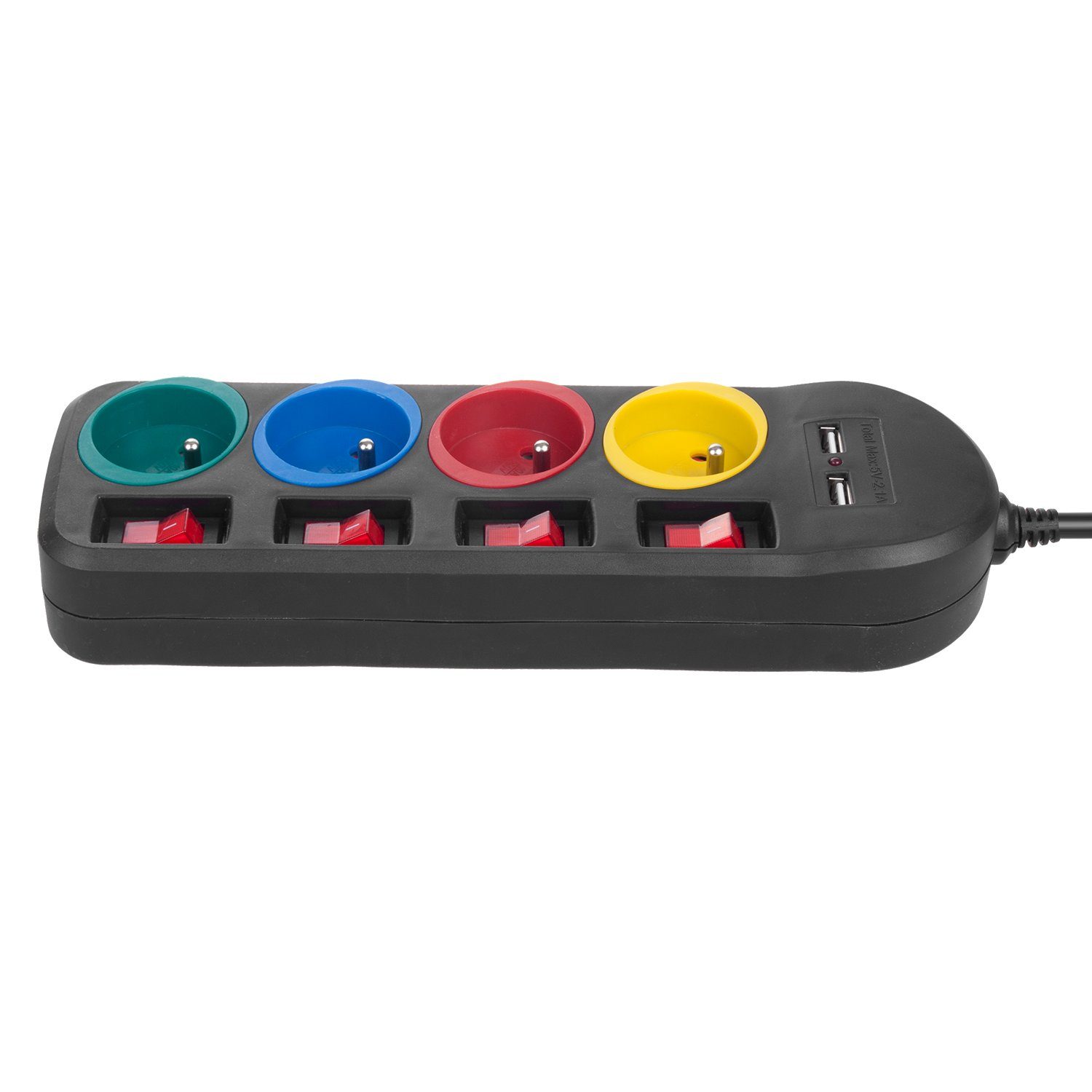 Maclean MCE229 Steckdosenleiste 4-fach (Ein- / Ausschalter, USB-Anschlüsse, separate Ein- / Ausschalter, Kindersicherung, Kabellänge 1.5 m), 4-Steckdosen-Verlängerungskabel + 2xUSB, mit Schalter 1,5m