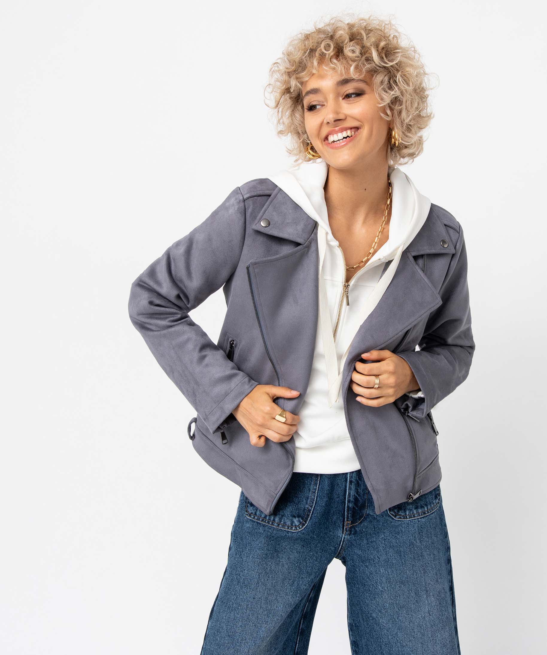 Blouson esprit motard en suédine femme bleu | GEMO