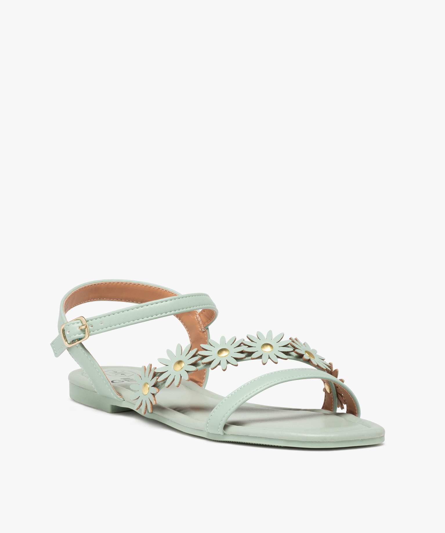 Sandales femme unies à talon plat et fleurs en relief vert clair | GEMO