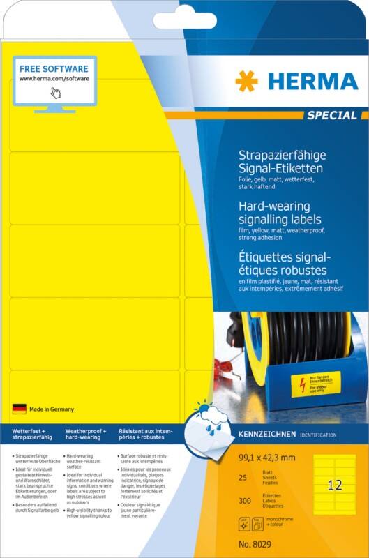 HERMA Wetterfeste Etiketten 8029 Gelb Rechteckig DIN A4 99,1 x 42,3 mm 25 Blatt à 12 Etiketten