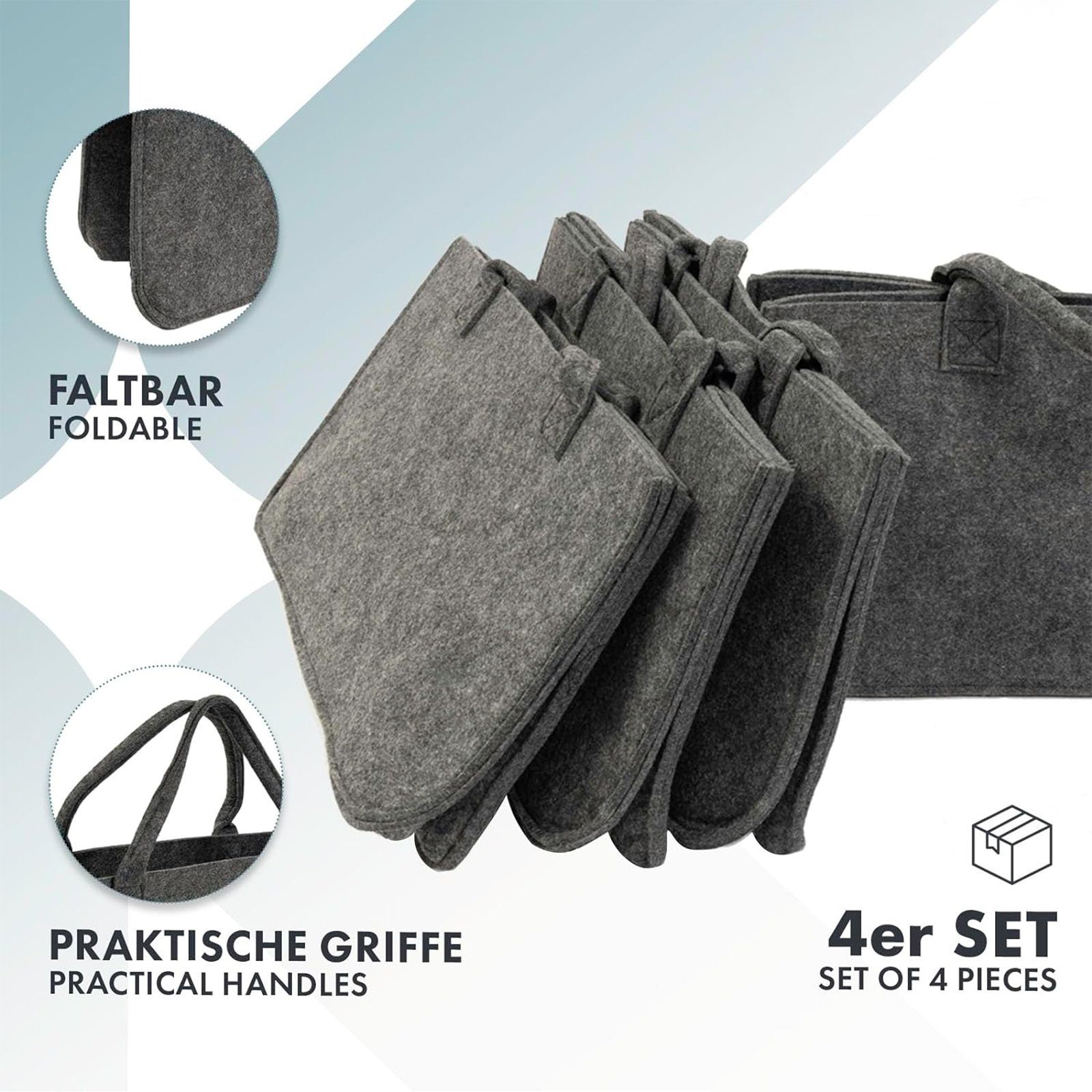 Karat Allzweckkorb Conny, Filztasche, Einkaufstasche, Kaminholztasche, Faltbar, 4er Set