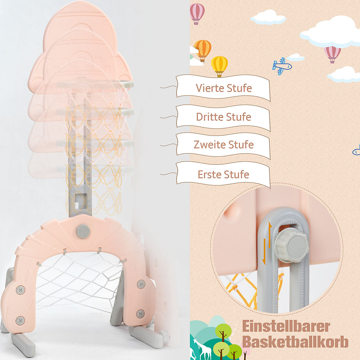 Rutsche mit Schaukeln, Basketballkorb und Fußballtor