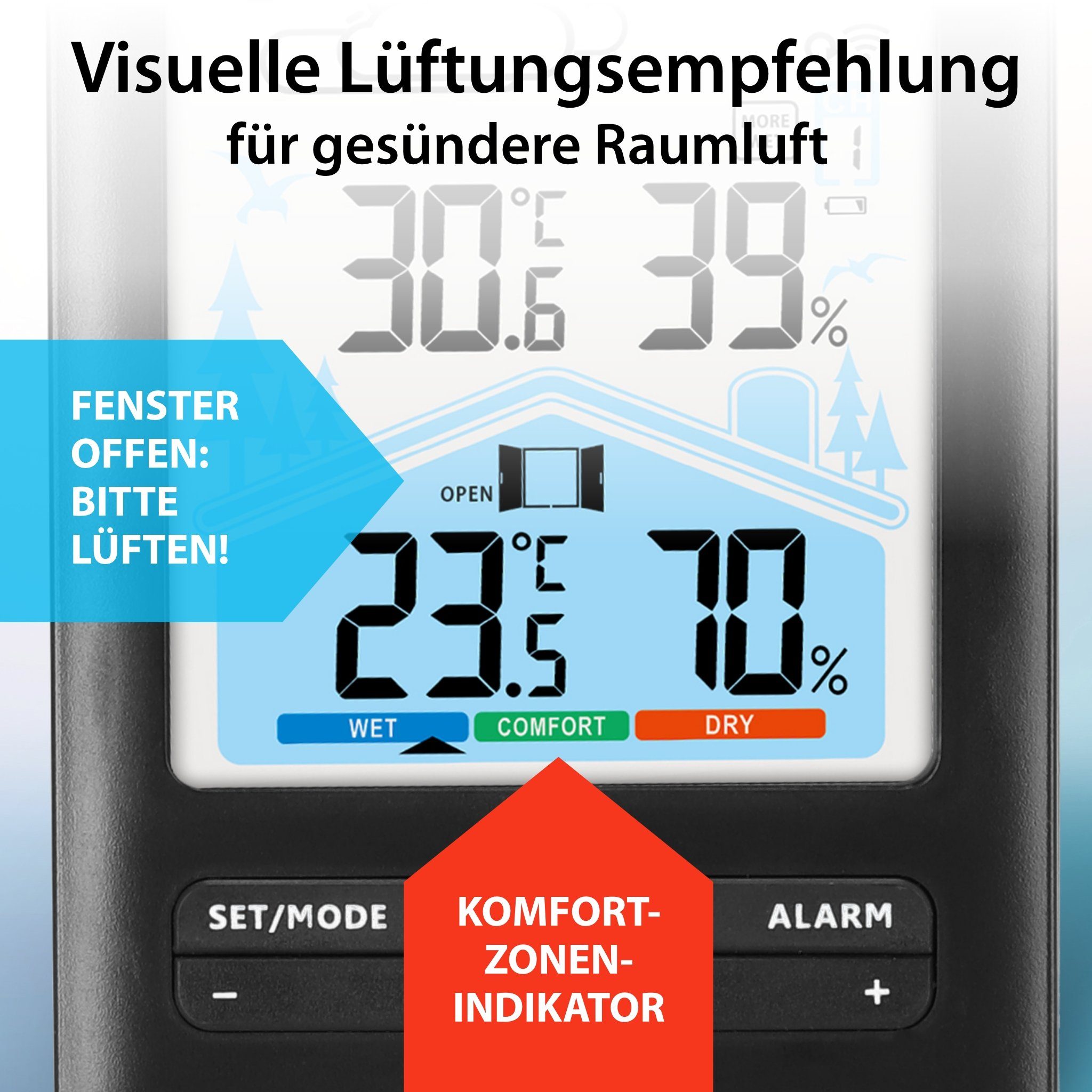 ADE Wetterstation mit Vorhersage und Lüftungsempfehlung Funkwetterstation (mit Außensensor, animierte Wettervorhersage, Wecker mit 2 Weckzeiten, Kalender)