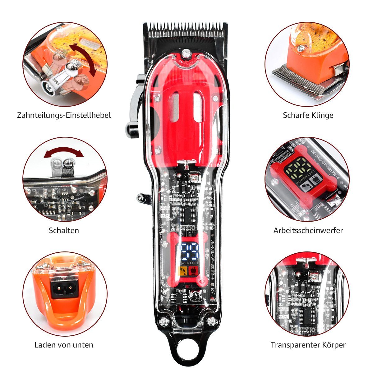 7Magic Haarschneider JM200A Professionelle Herren haarschneidemaschinen, Trimmer mit 8 Kamm und Schal IP65 Wasserdicht, Multifunktionale Transparente Bartschneider