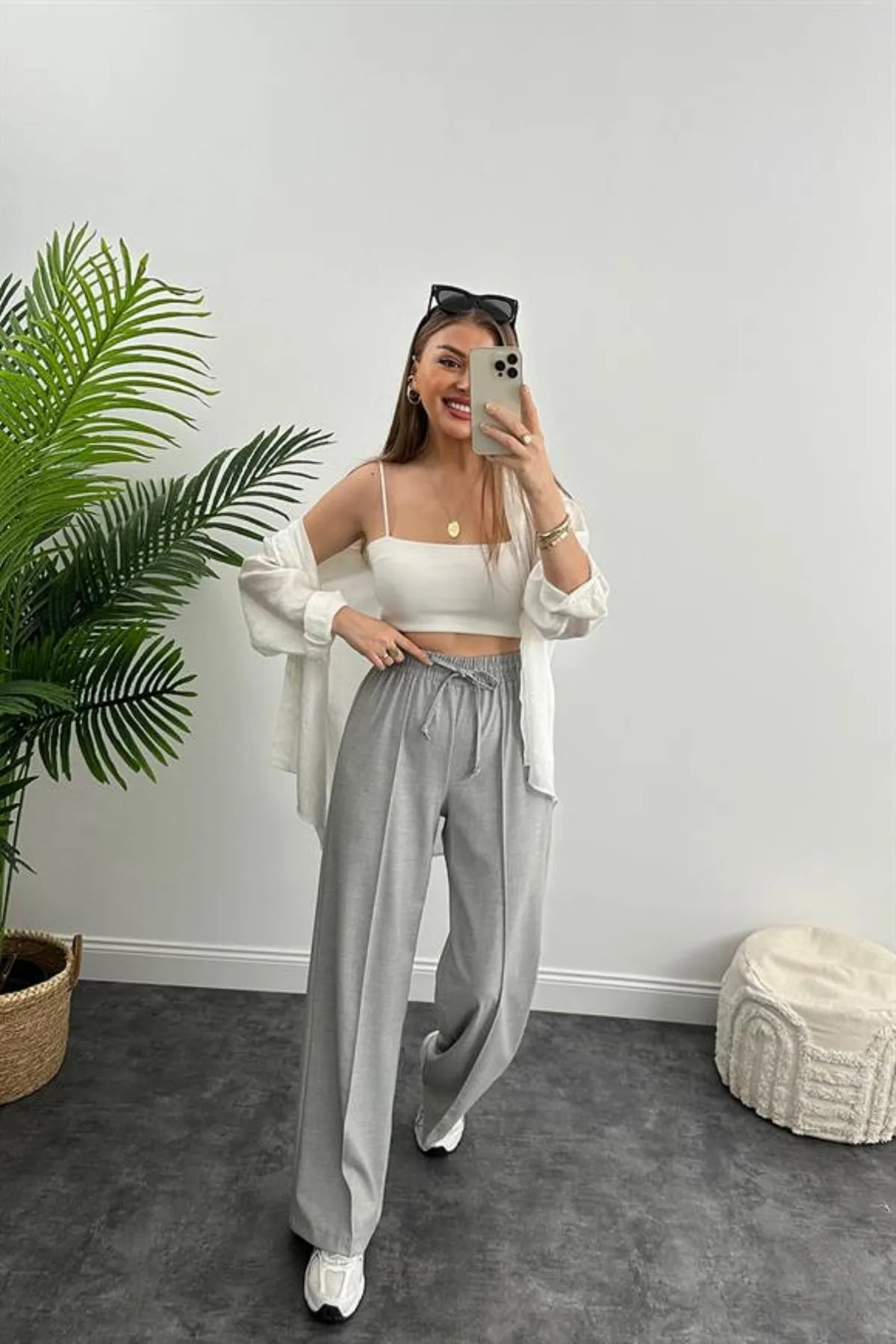 Laluvia  Hellgraue Hose mit hoher Taille und elastischem Bund vorne
