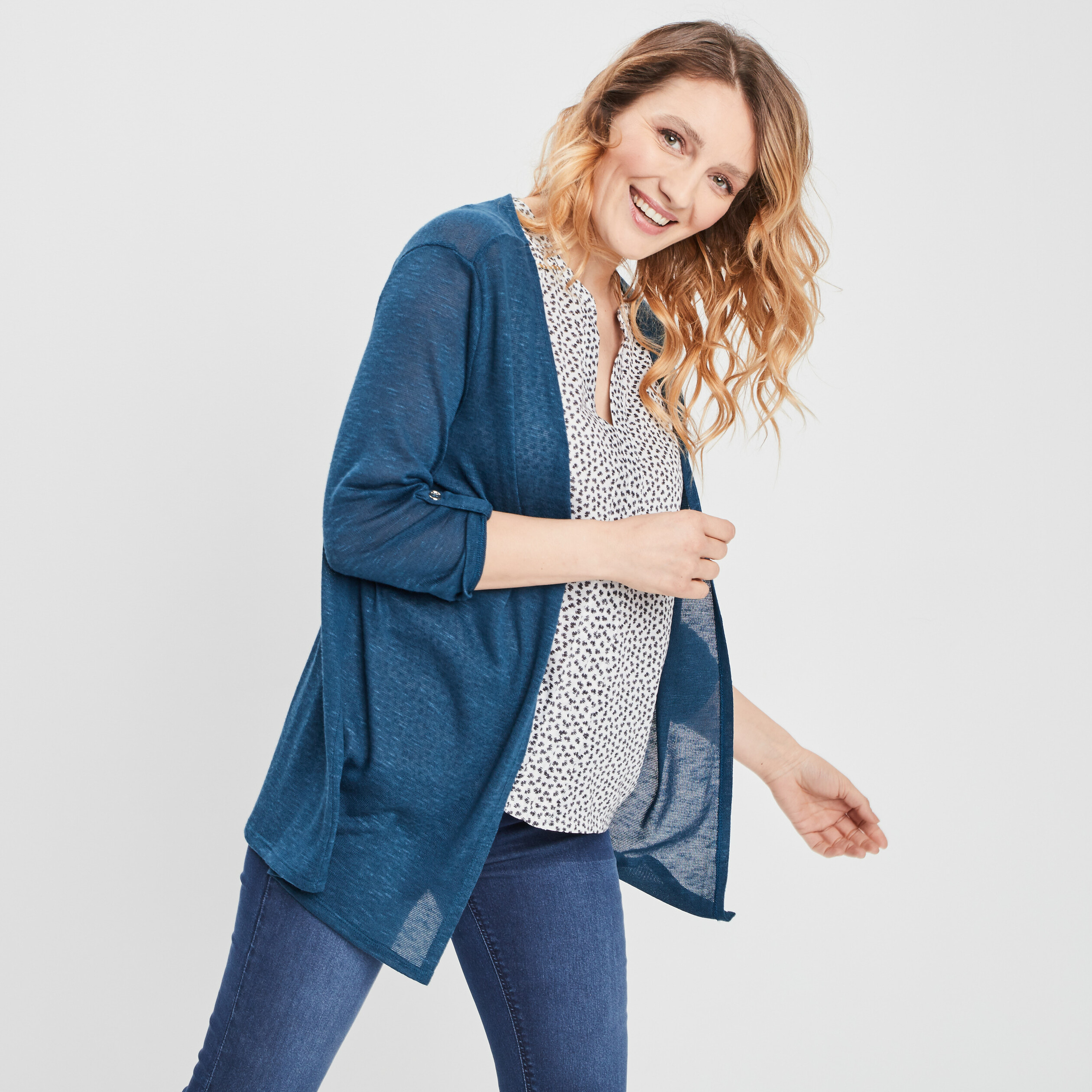 Gilet manches 3 4 bleu pétrole femme | La Halle
