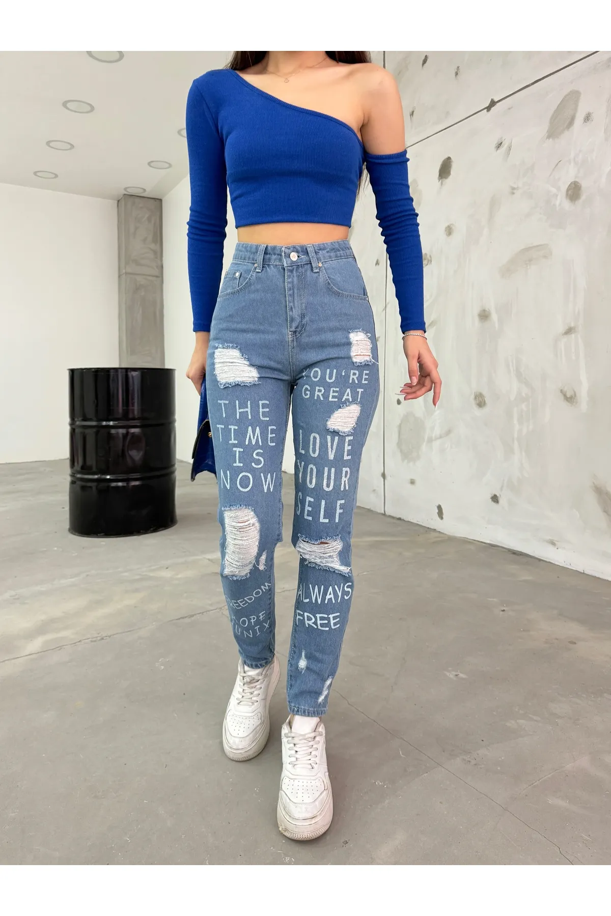 BİKELİFE  Blaue, zerrissene, detaillierte Mom-Damenjeans mit hoher Taille
