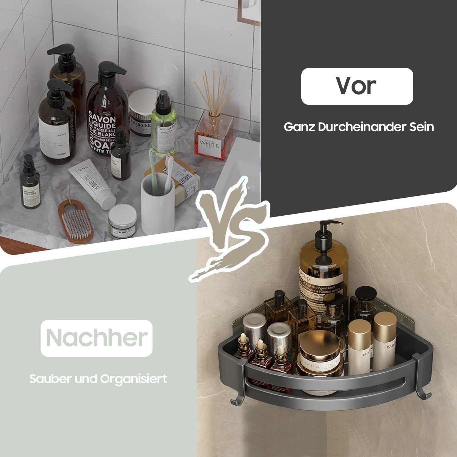iceagle Duschablage Duschablage Schwarz Eckregal, Dreieck Duschkorb, Badregal Ohne Bohren, Badezimmer-Dreiecksregal ohne Bohren für Balkon, Schlafzimmer, 2-Pack, 4 Häkchen, Stanzen/Einfügen, Hochwertiges Raumfahrt-Aluminium