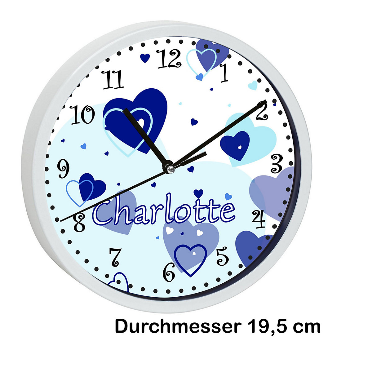 Kinder Wanduhr personalisiert mit Name Herz Blau