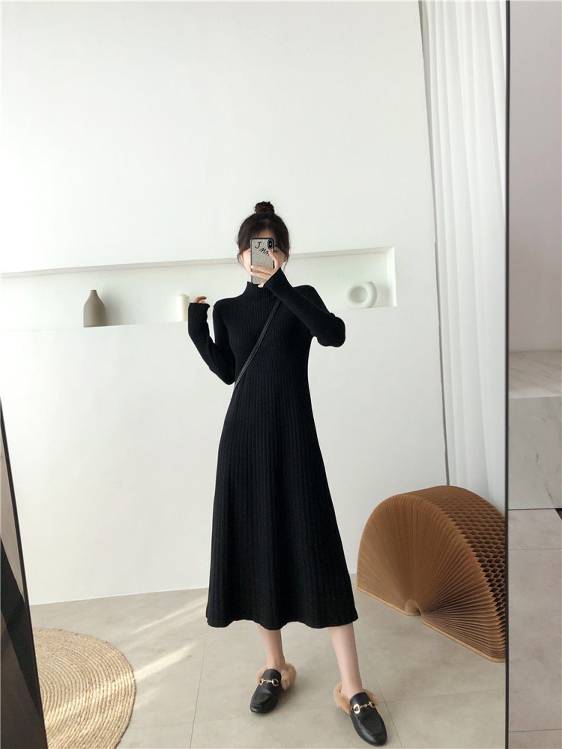 aikidio Stillkleid Strickkleid in A-Linie mit halbem Rollkragen
