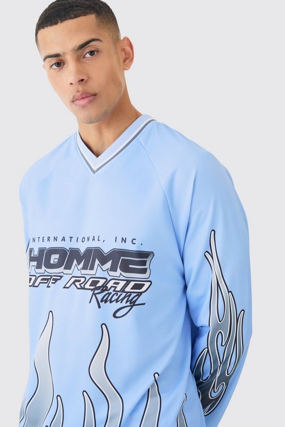 Langärmliges Mesh T-Shirt mit Homme Flammen-Print