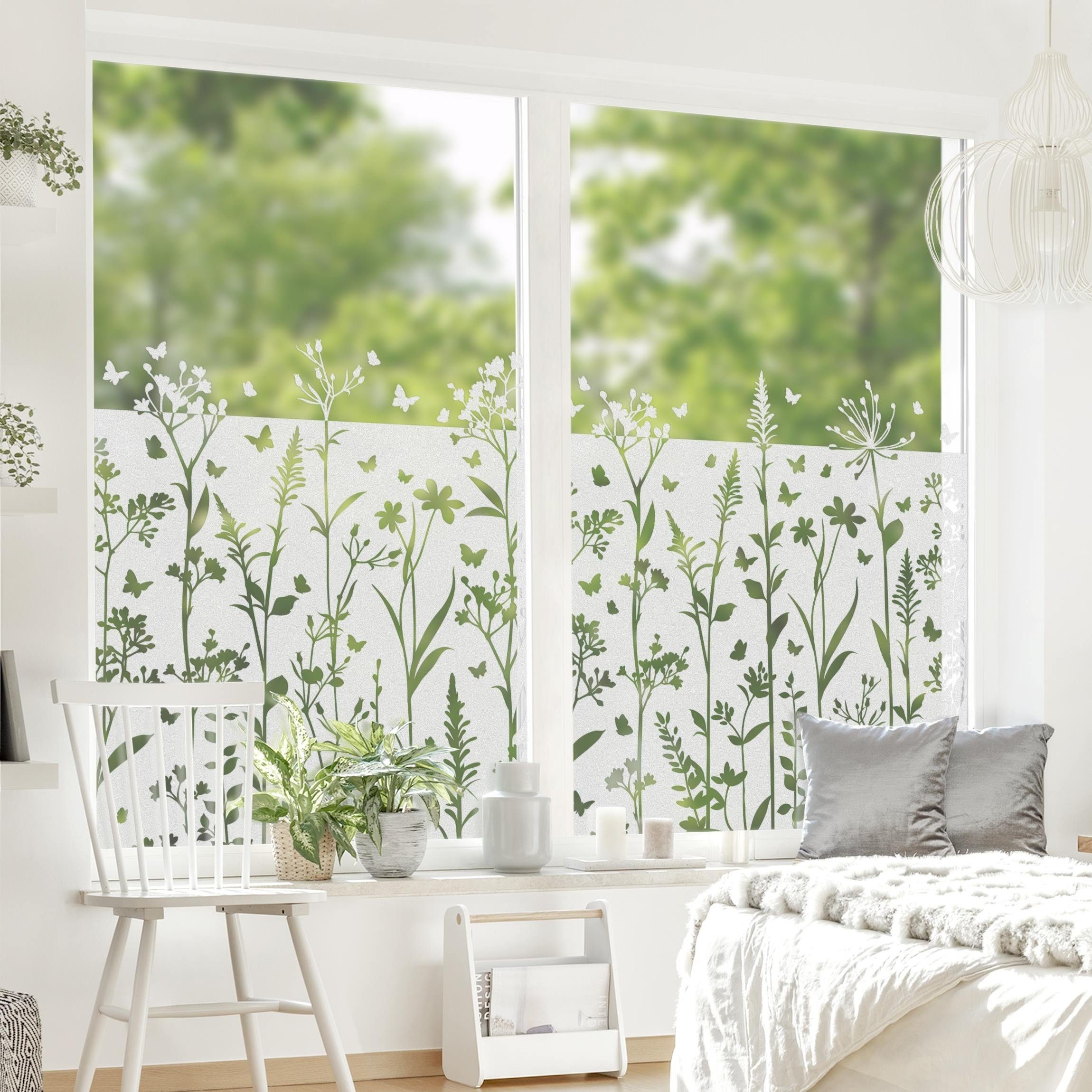 Fensterfolie statisch haftend Motiv Fensterdeko Wildblumen Schmetterlingen Bordüre, Bilderdepot24, blickdicht, Innen Fenster Tür Balkontür Küche Badezimmer Wohnzimmer Schlafzimmer