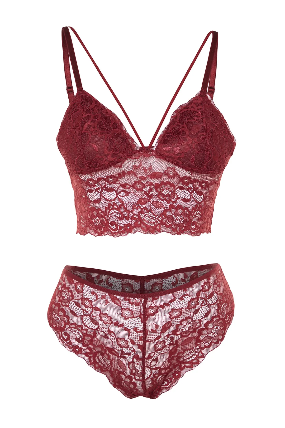 Trendyol Collection  Gestricktes Dessous-Set mit bordeauxroter Spitze und Paspelierung THMSS23CC00001
