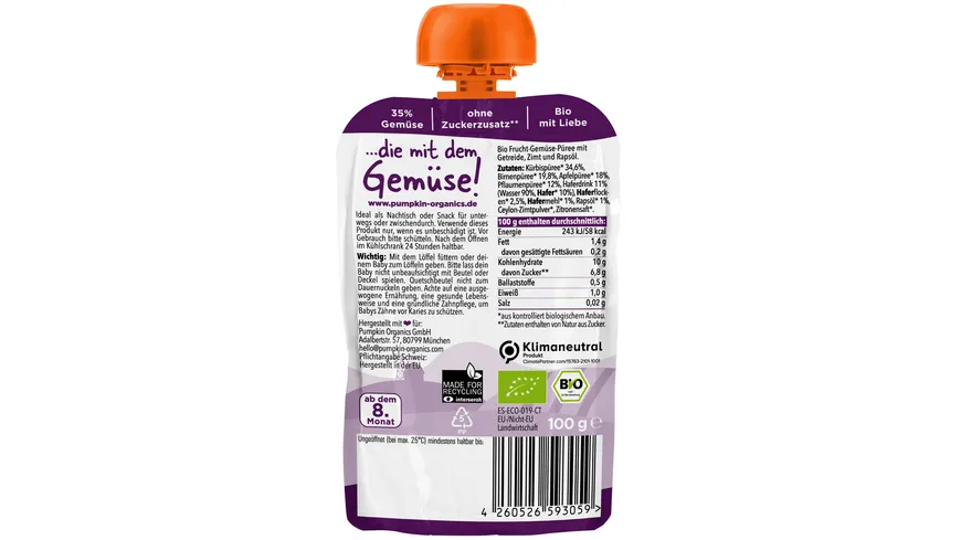 pumpkin organics Bio Quetschie Kürbis, Birne, Pflaume, Hafer 100 g