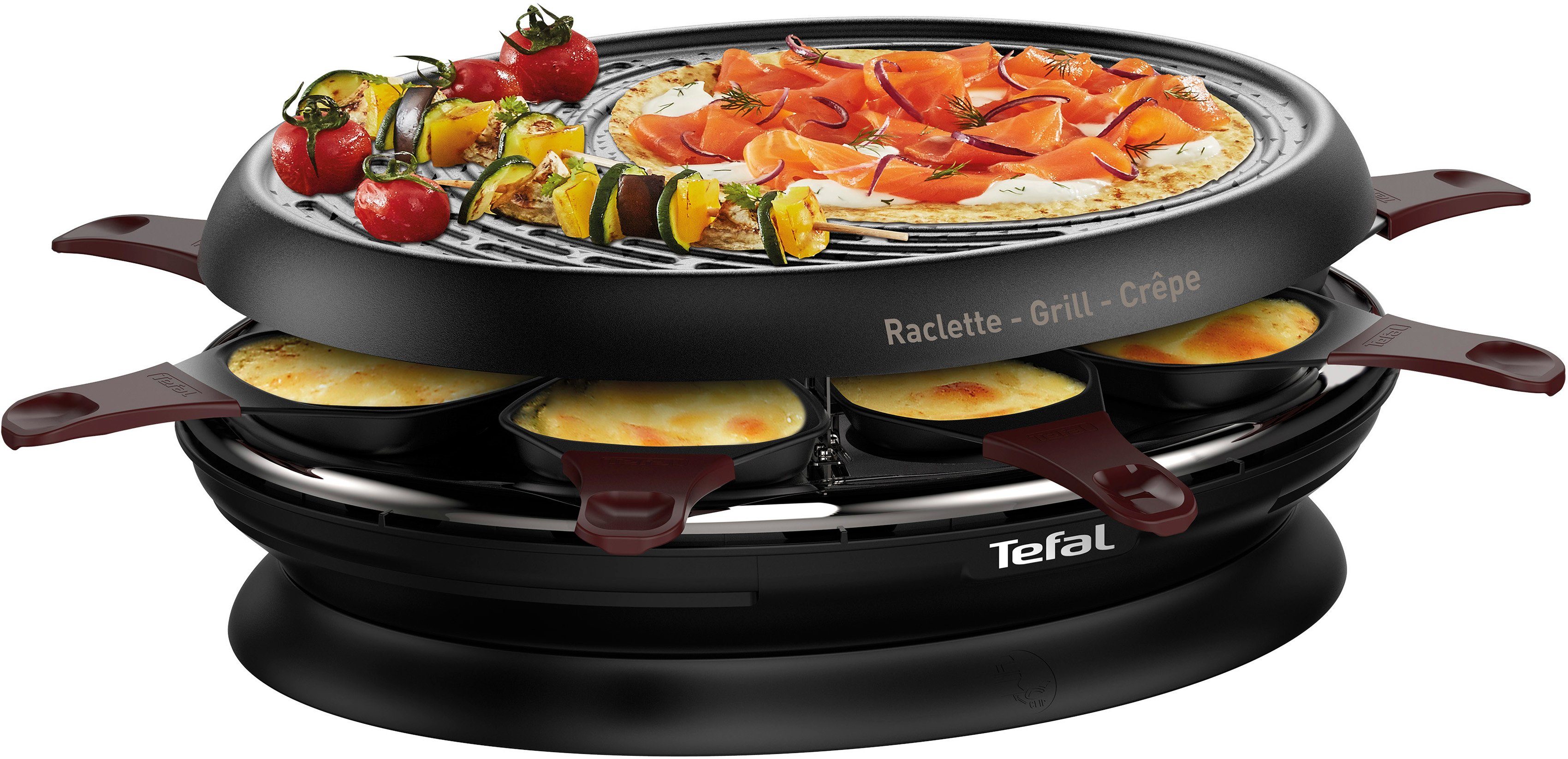 Tefal Raclette RE3200 Store'In Raclette 3in1, 8 Raclettepfännchen, 1050 W, Grill, Crêpe, antihaftbeschichtet, Ein-/Ausschalter