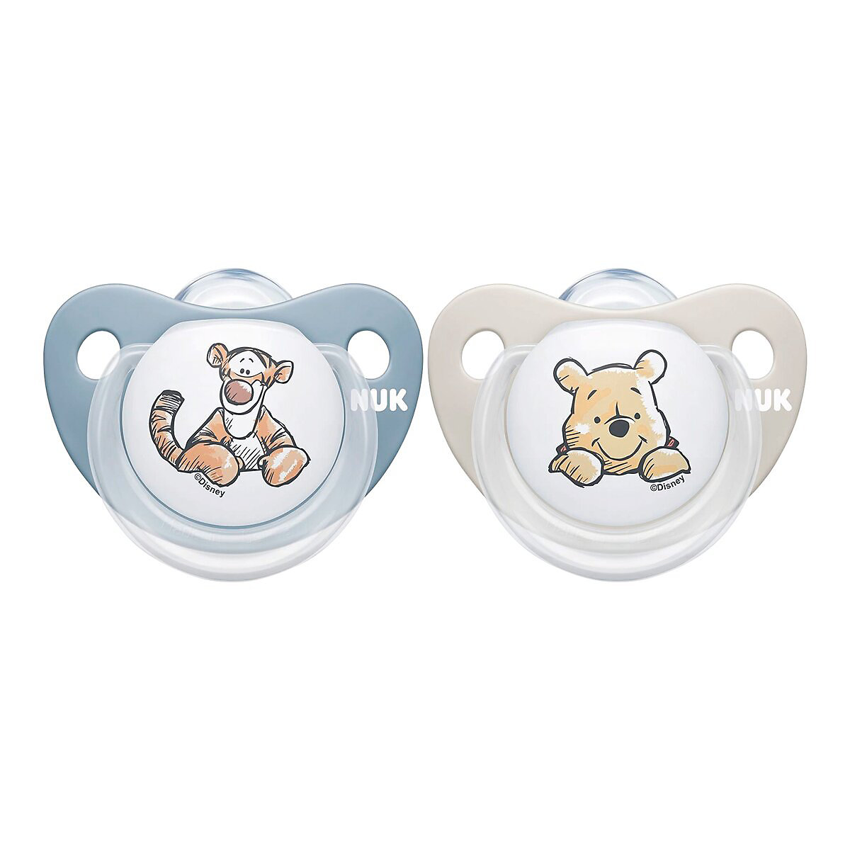 NUK   Winnie Puuh Trendline Silikon-Schnuller, kiefergerechte Form, 0-6 Monate, 2 Stück, Beige & Blau