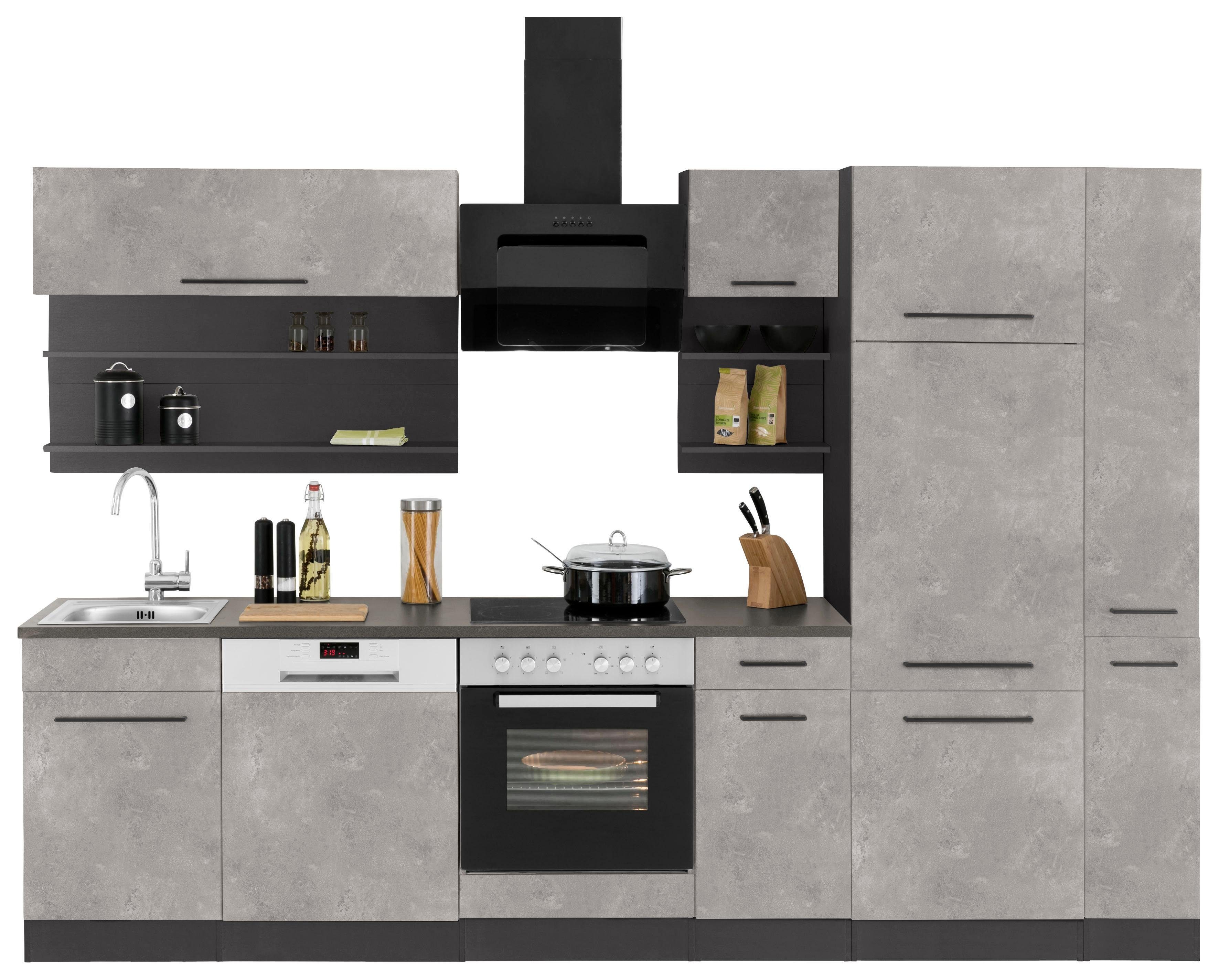 HELD MÖBEL Küchenzeile Tulsa, mit E-Geräten, Breite 300 cm, schwarze Metallgriffe, MDF Fronten