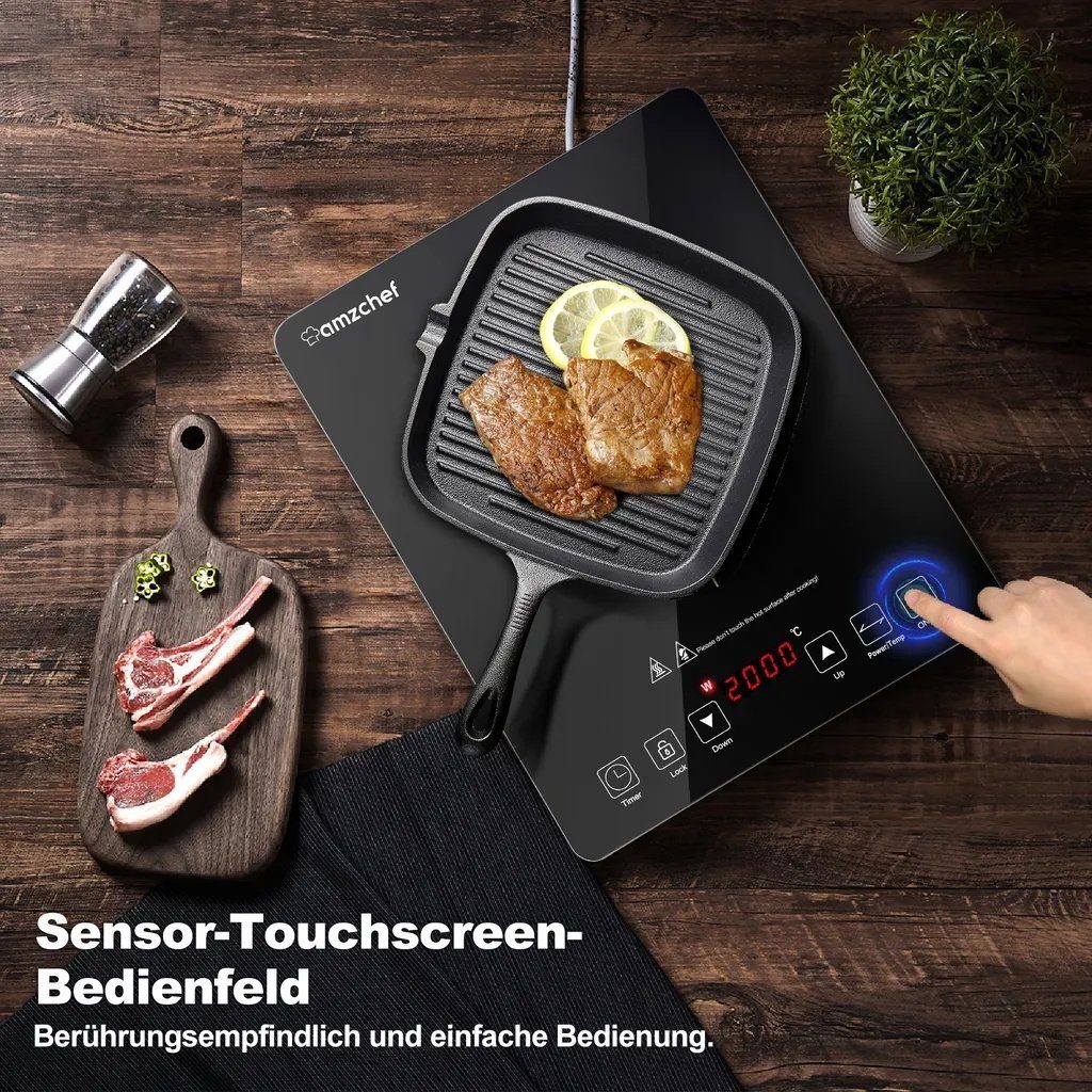 AMZCHEF Einzel-Induktionskochplatte CB16, 2000 W Induktionsplatte, LED Kochfeld