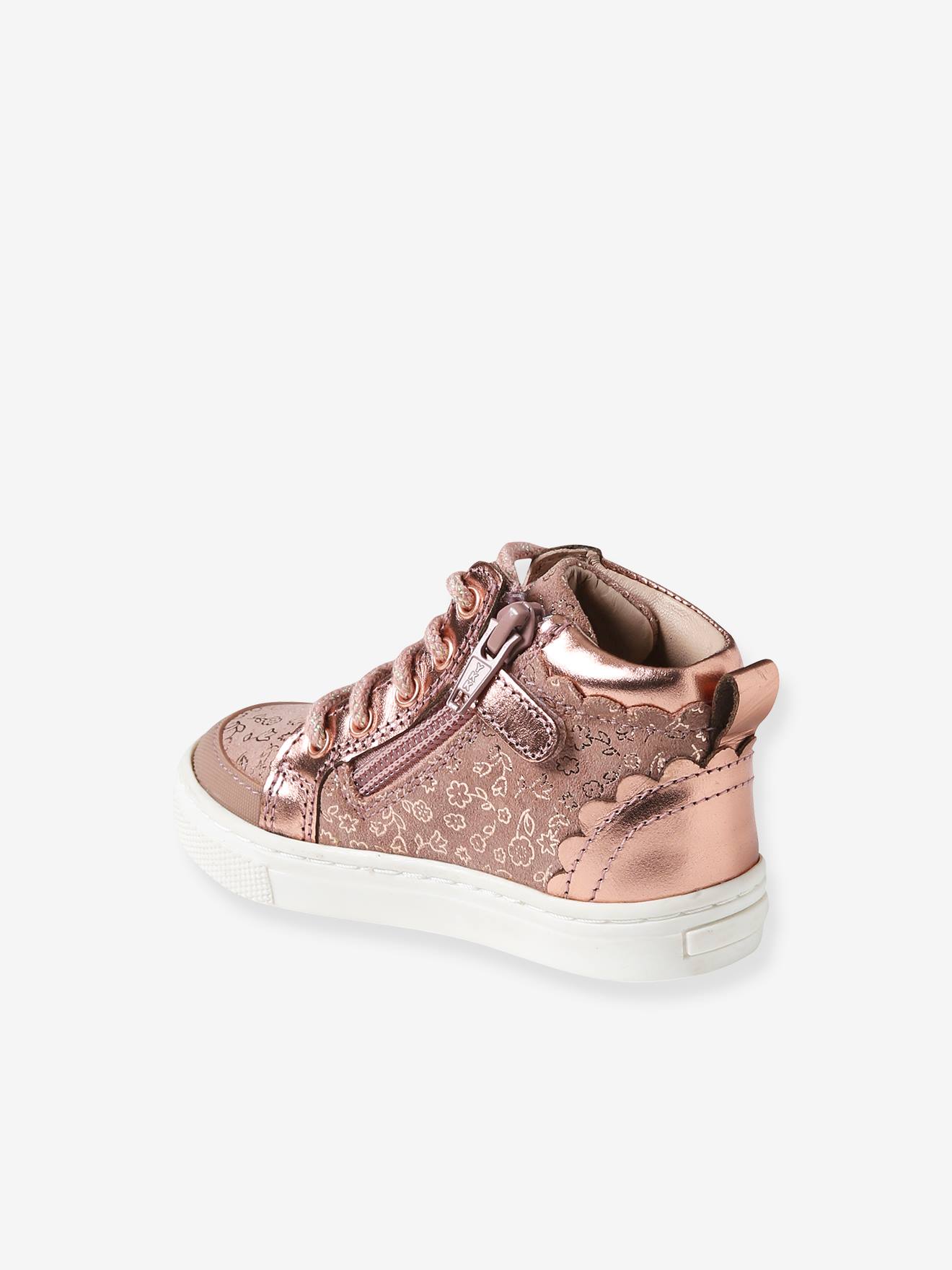 Baskets montantes en cuir lacées et zippées bébé rose imprimé