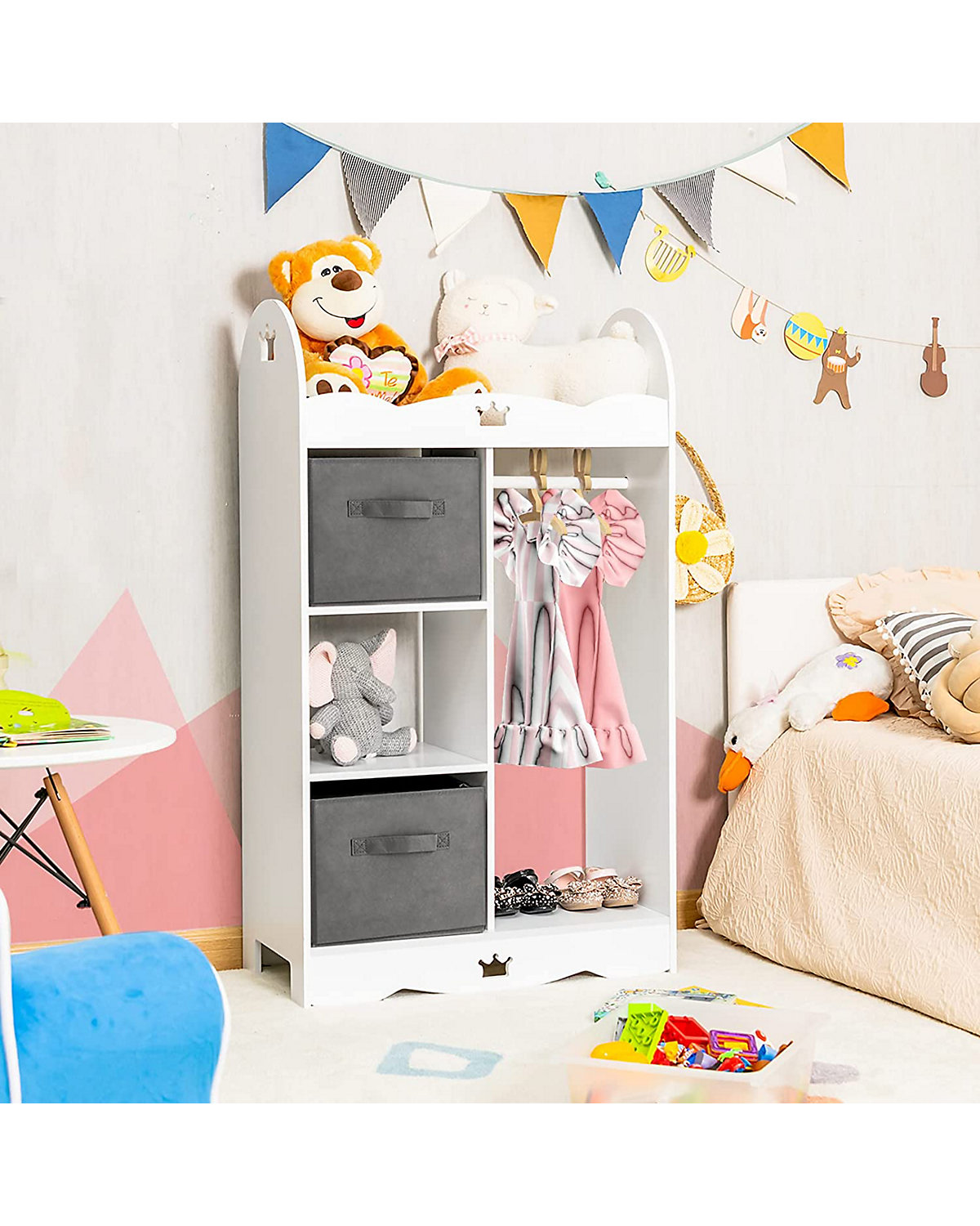 Kleiderschrank Kinder mit Spiegel & 2 Stoffbox