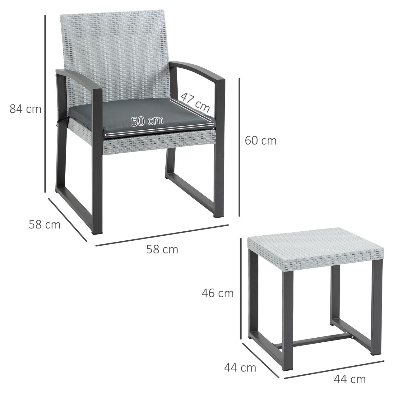 Outsunny Polyrattan Bistroset 3-tlg. Sitzgruppe Balkonmöbel Set Gartensitzgruppe mit Beistelltisch Gartenset Sitzgarnitur mit Sitzkissen Stahl Schwarz Grau