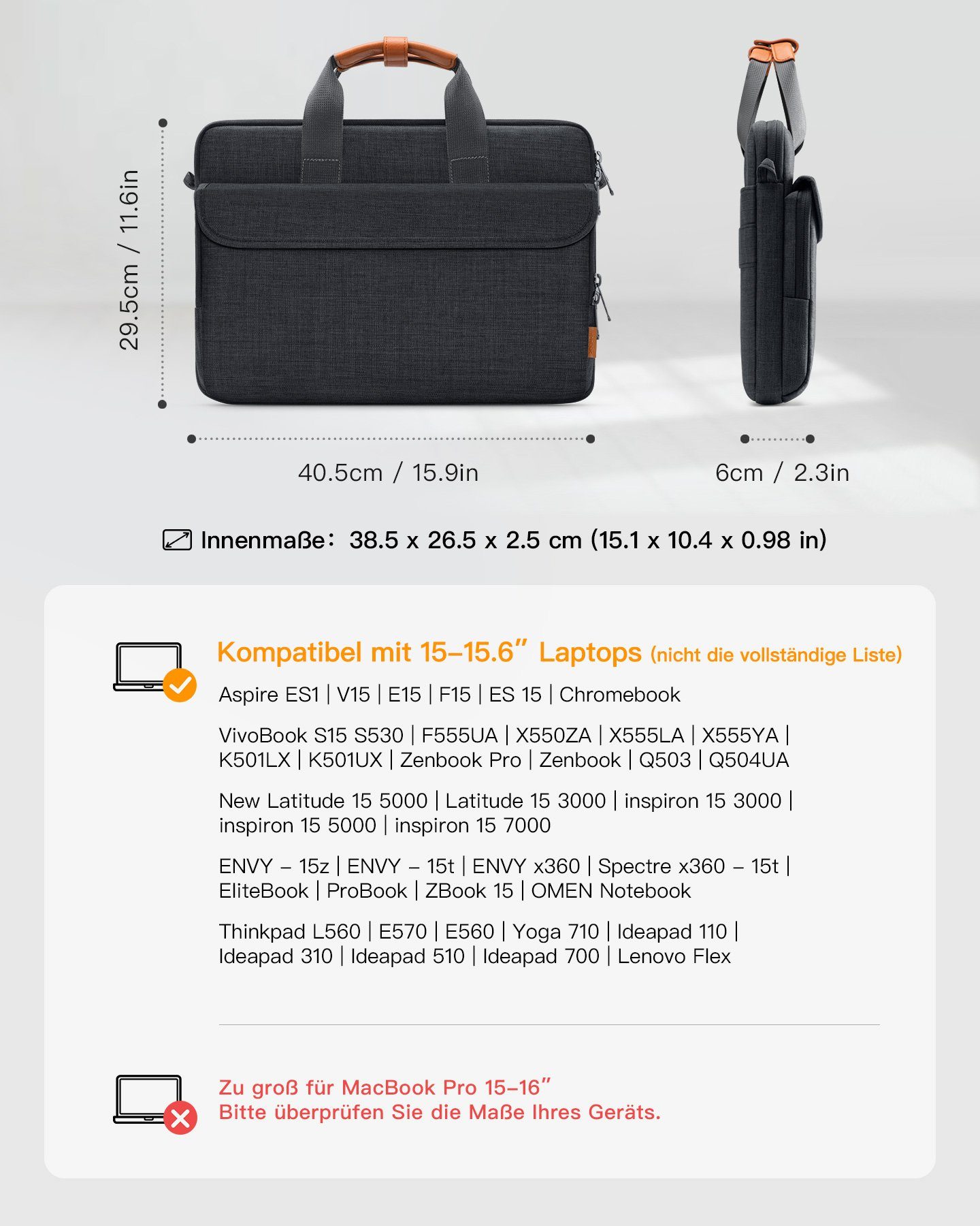Inateck Laptoptasche 15.6 Zoll Schultertasche 360° Rundumschutz spritzwassergeschützte
