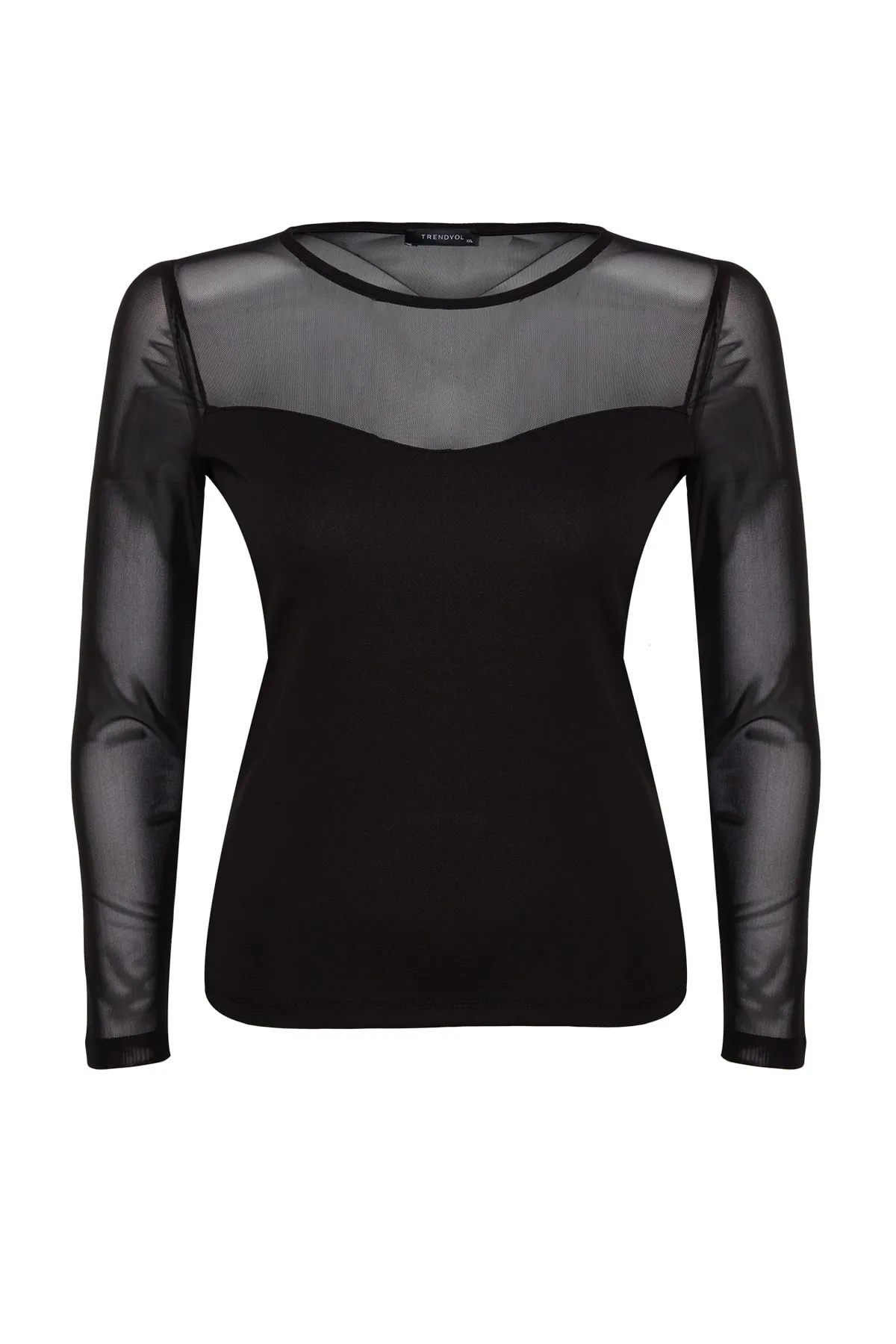 Trendyol Curve  Schwarze, detaillierte Strickbluse aus Tüll mit herzförmigem Ausschnitt TBBAW24AF00015