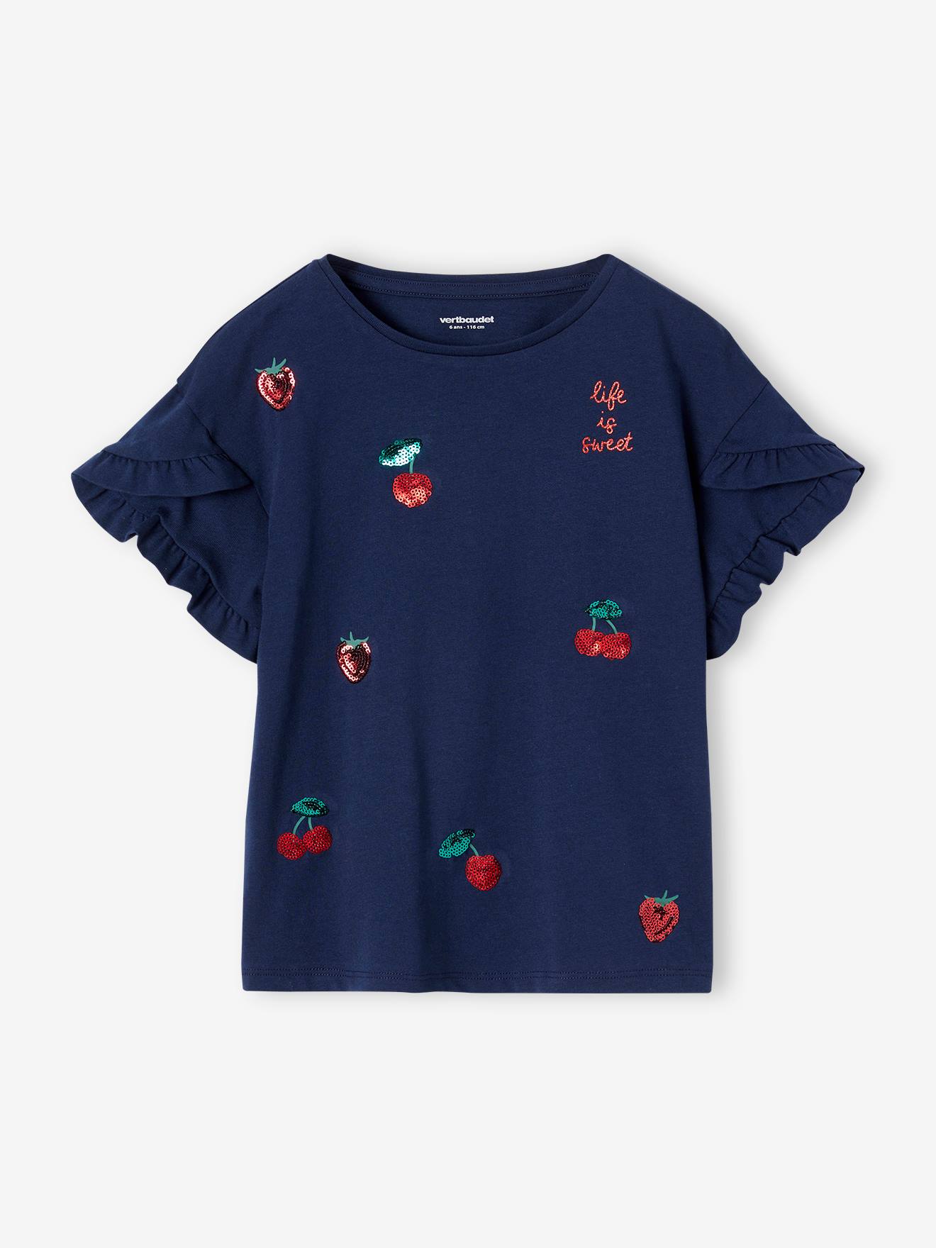 Vertbaudet Mädchen T-Shirt mit Paillettenherz - blau gestreift