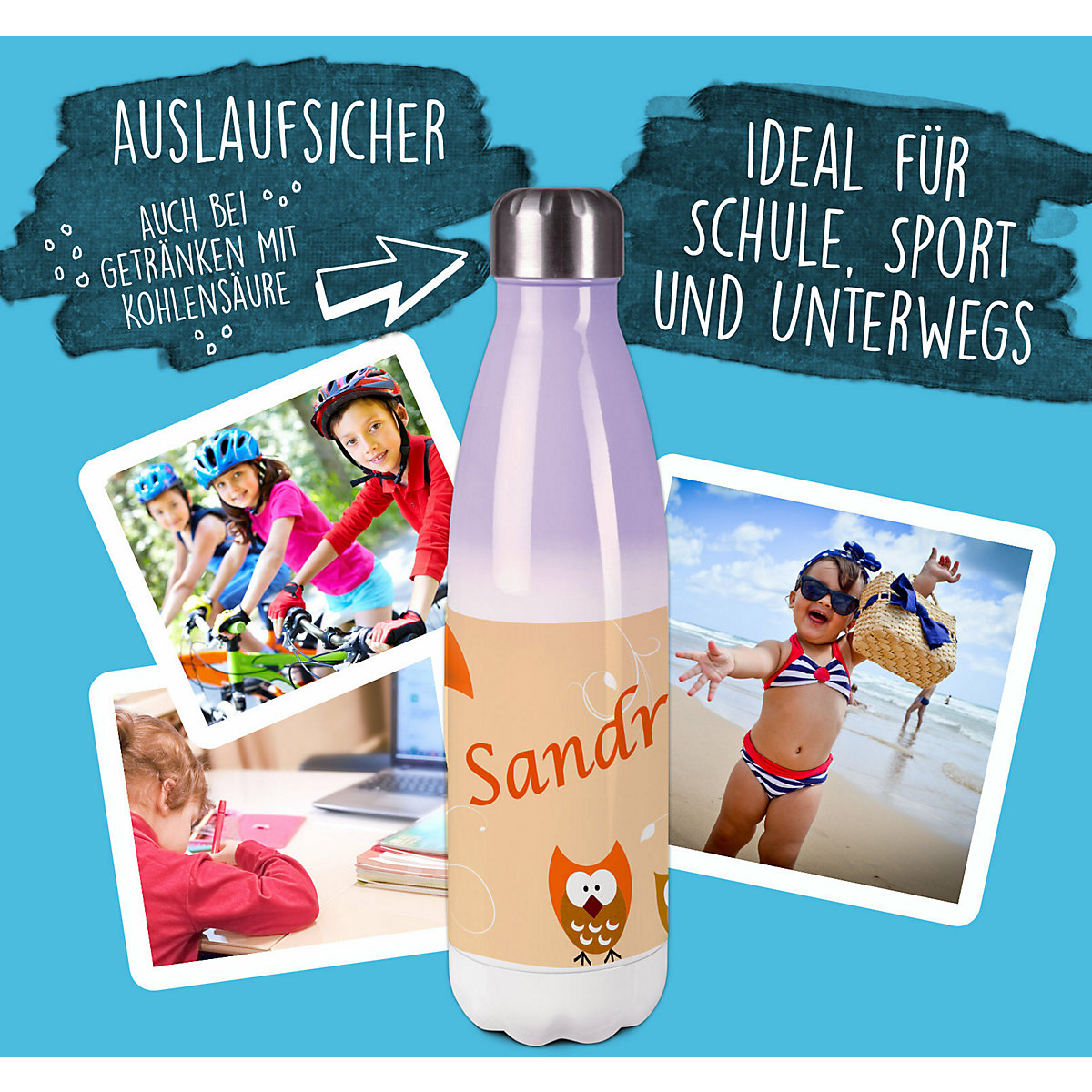 Edelstahl Kinder Thermoflasche / Trinkflasche bunt Eule Farbe orange Spülmaschinenfest, Auslaufsicher, Bruchfest, Doppelwandig, Für Heißgetränke geeignet, Mit Deckel, Isoliert