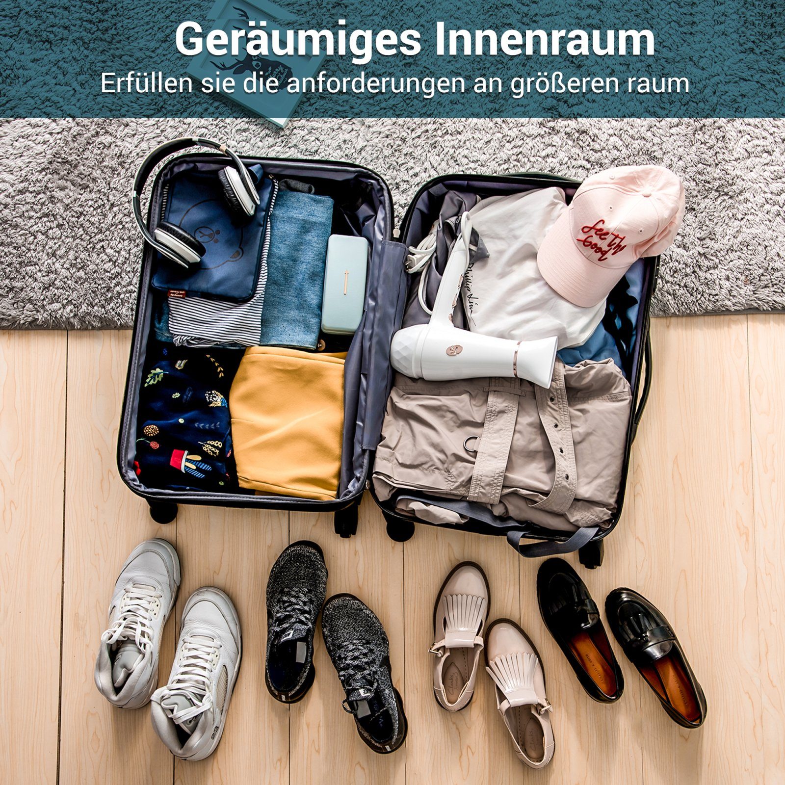SEEZSSA Trolleyset Hartschalen 3er Kofferset Rollkoffer Reisekoffer Vergrößerbares Gepäck, mit TSA Schloss und 4 Rollen mit Hartschalenkoffer Koffer Set M L XL