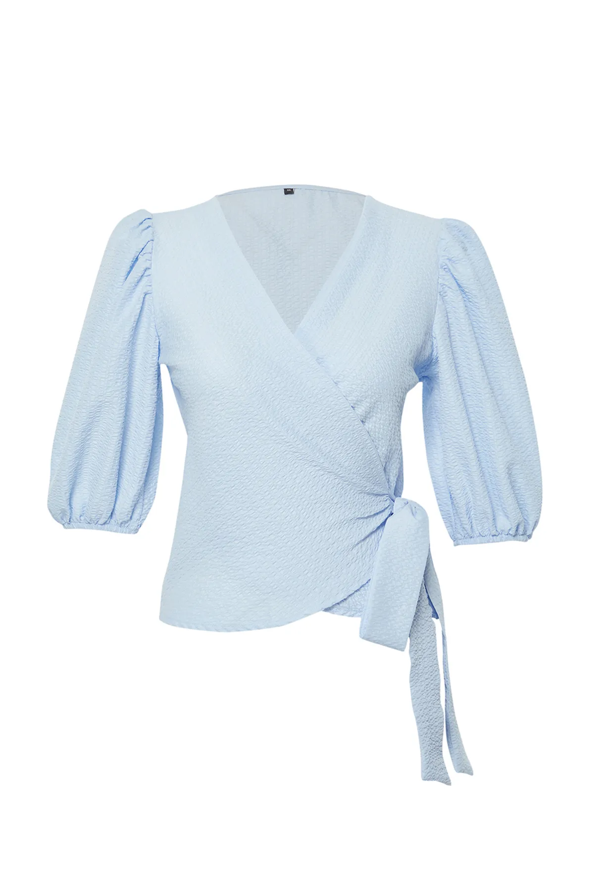 Trendyol Collection  Blaue, zweireihige, mit Schnürung versehene, detaillierte Seersucker-Gewebebluse TWOSS24BZ00345