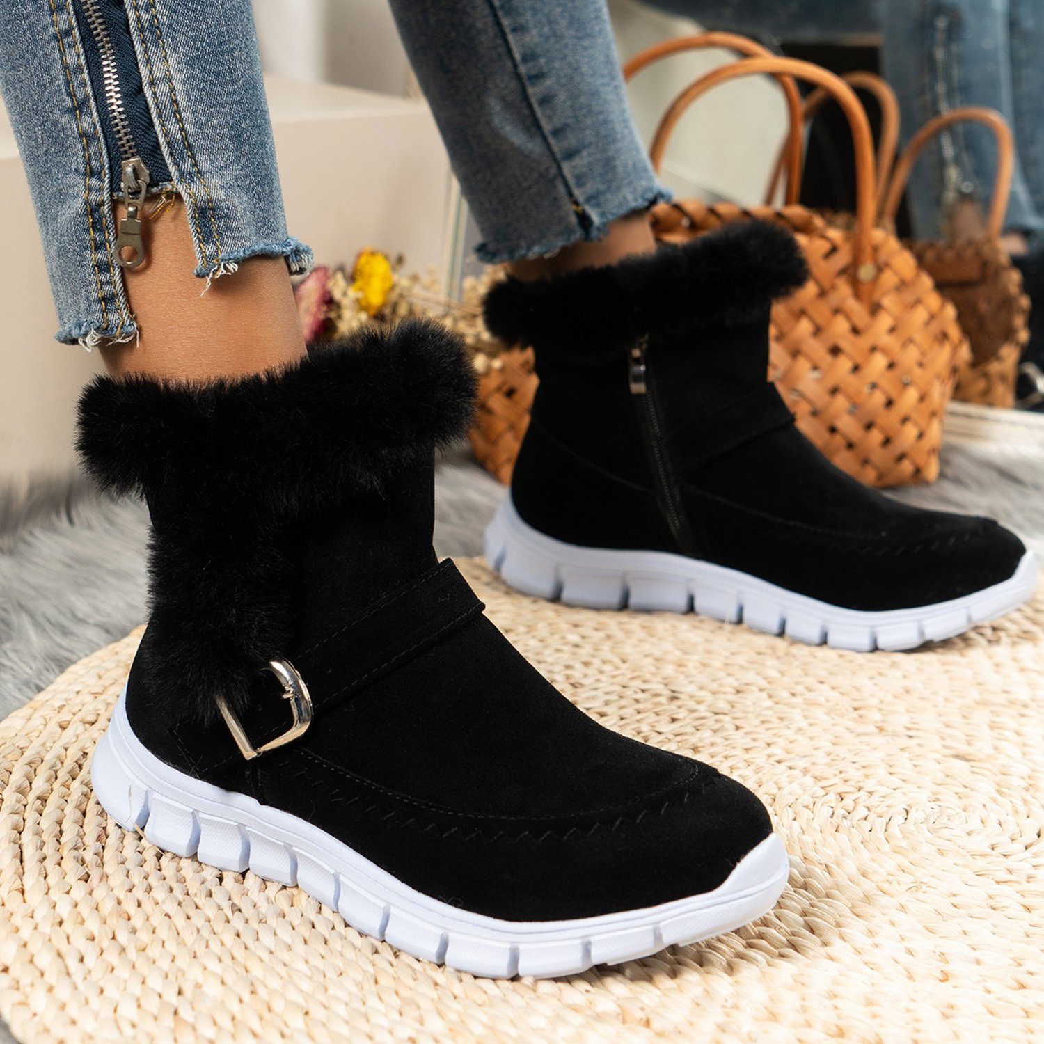 Daisred Winterstiefel Damen Stiefeletten Plüsch Fleece Winter Warm Snowboots