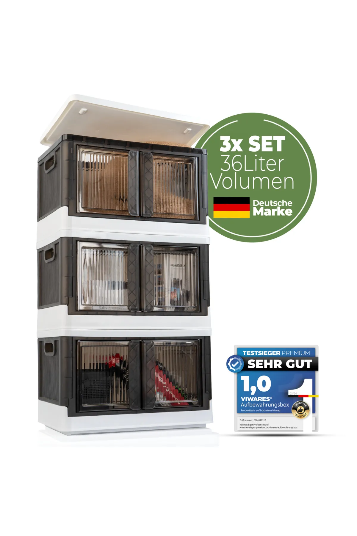 Viwares  Faltbare Aufbewahrungsbox mit Deckel - 3 Stapelbare Aufbewahrungsboxen