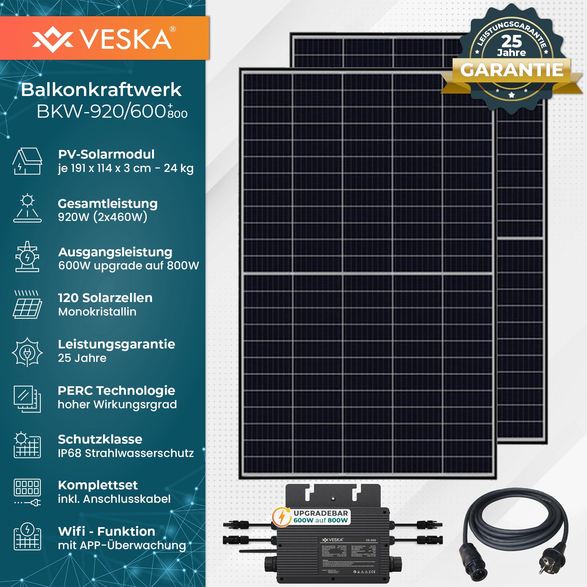 VESKA Solaranlage Balkonkraftwerk 920 / 600 Watt Photovoltaik Mini-PV Anlage, 600,00 W, Monokristallin, (Steckerfertig genehmigungsfrei, Upgradebar auf 800 W Schwarz WIFI), PERC Technologie, Antireflexbeschichtung