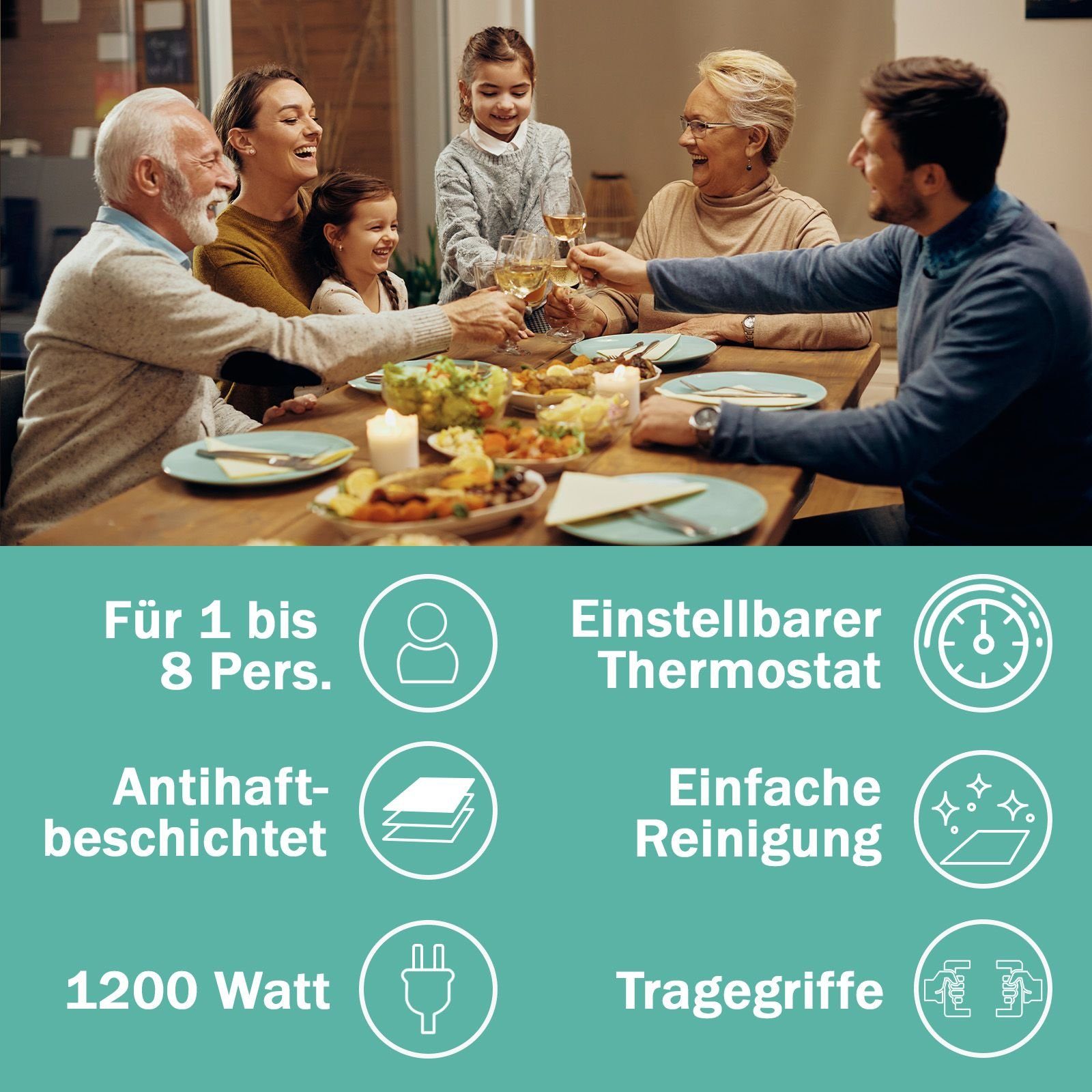 bmf-versand Raclette Raclette 8 Personen Mini Crepes Maker Crepesmaker Tischgrill, 8 Raclettepfännchen, 1200,00 W, Abnehmbare Crepes-Platte, Inklusive 8 Pfännchen und 8 Holzschabern