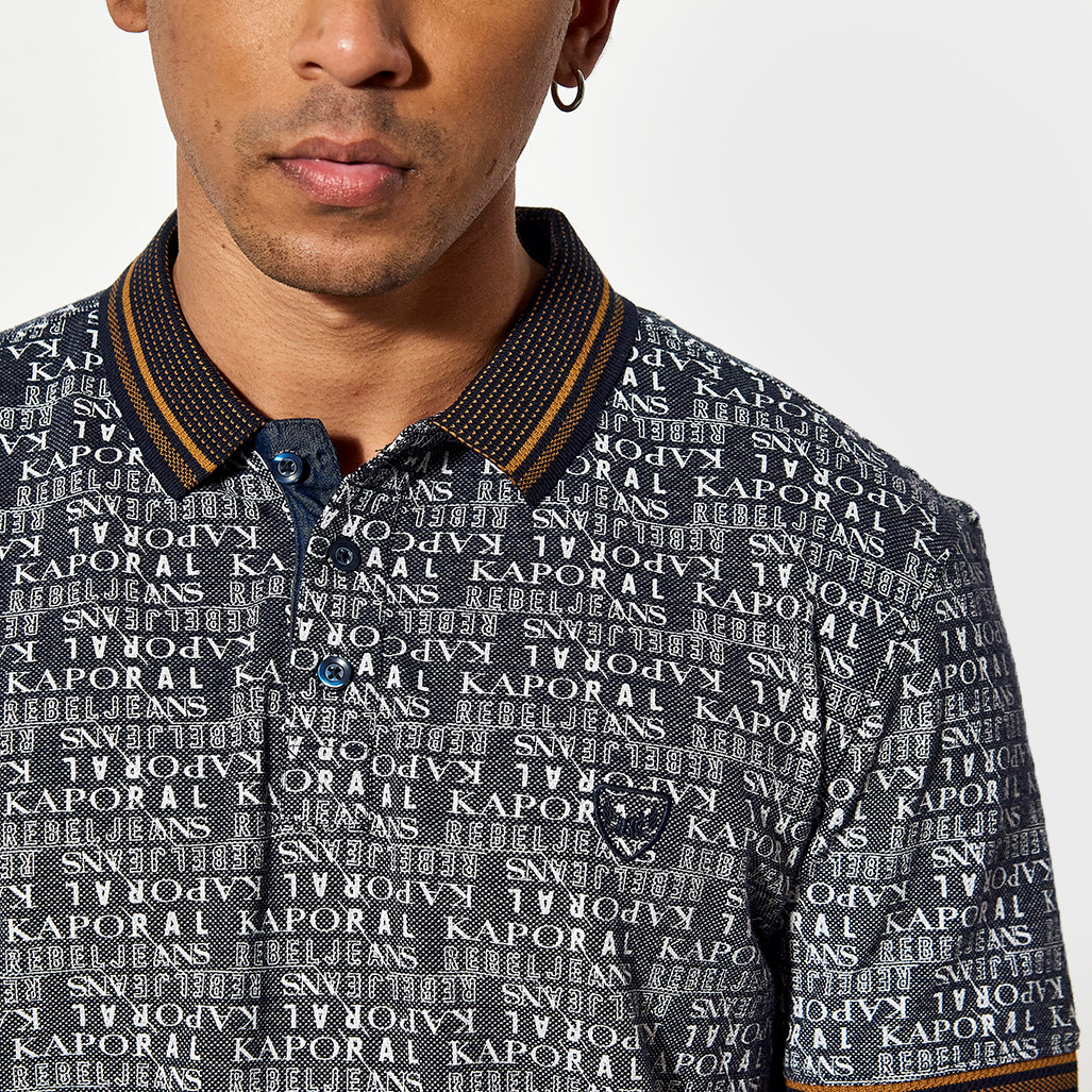 BORKY  Polo régular bleu Homme imprimé allover en 100% coton