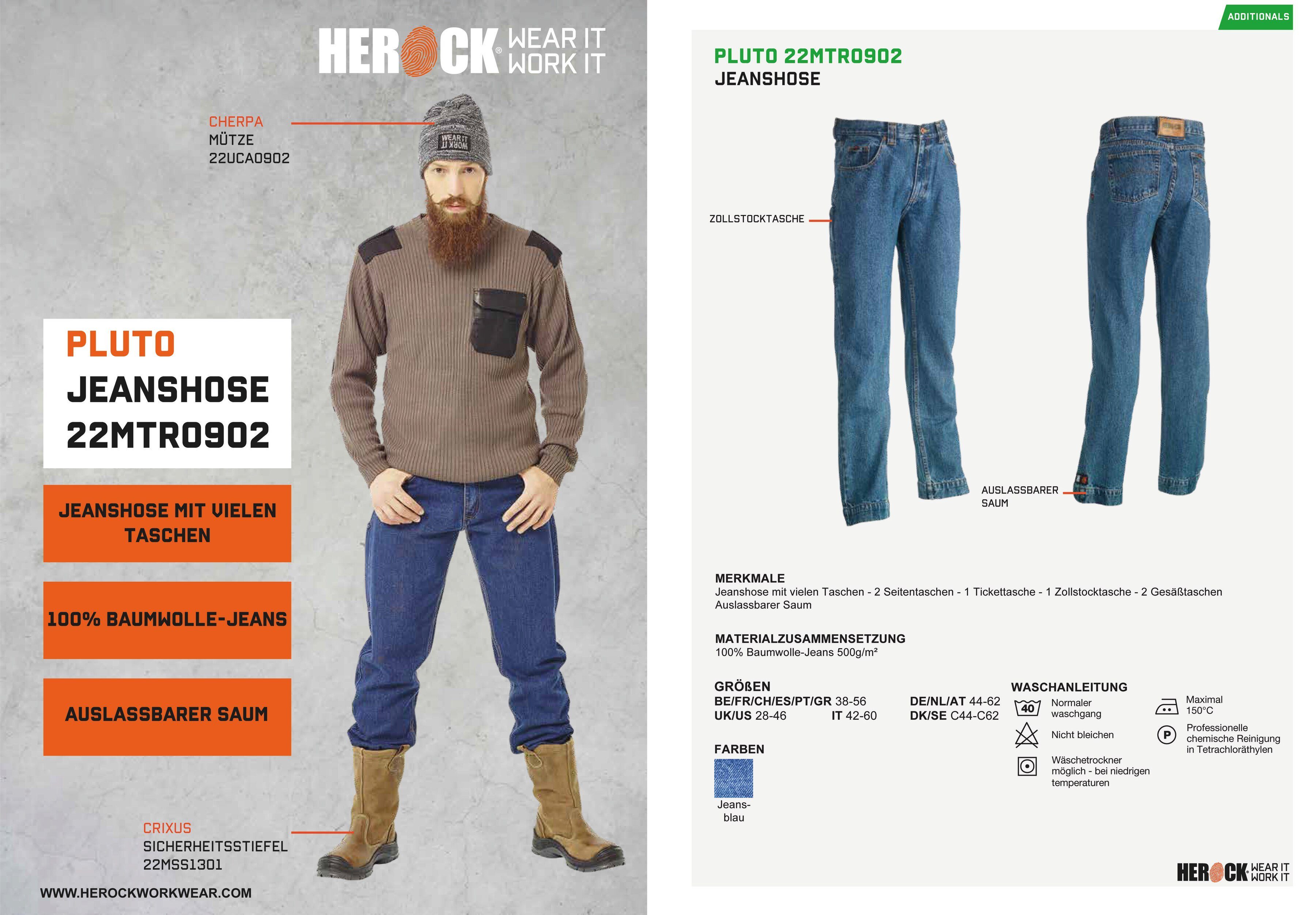Herock Arbeitshose Pluto Jeanshose Reine Baumwolle, schwer entzündbar, angenehmer Tragekomfort, 6 Taschen