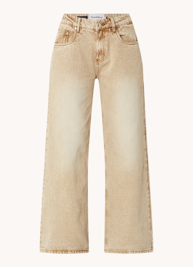 House of Sunny Sandblast mid waist wide leg jeans with colored wash and logo