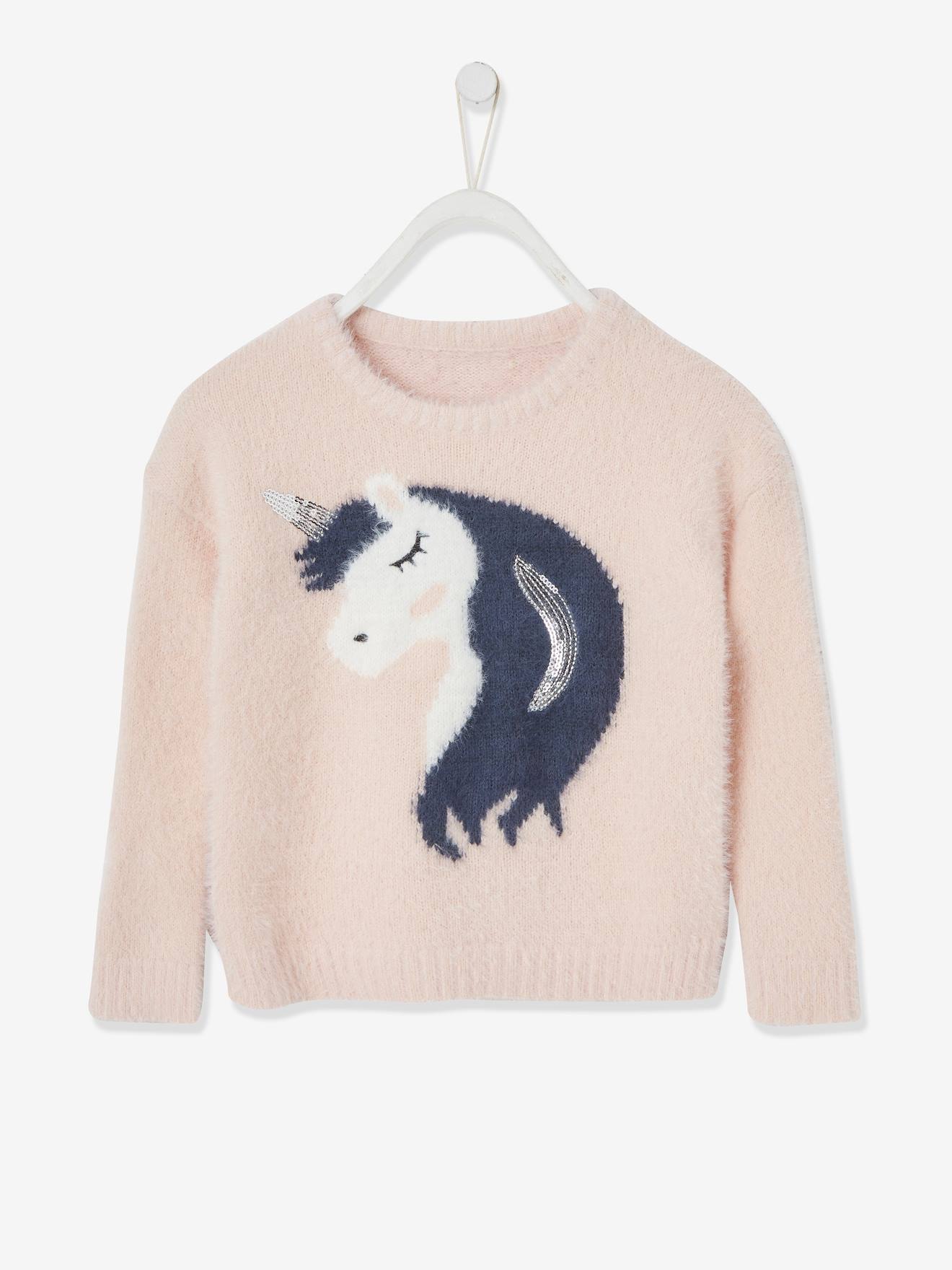 Pull à sequins motif jacquard fantaisie fille rose blush