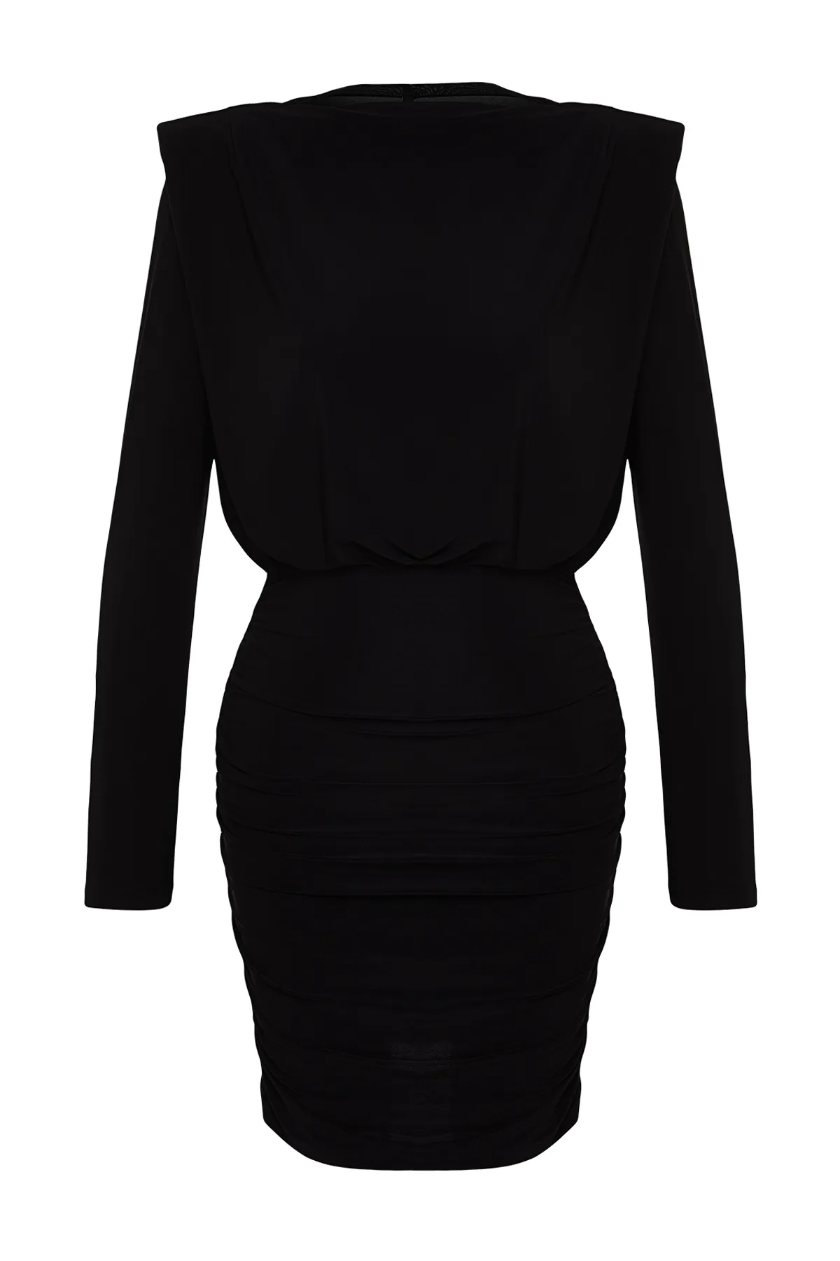 Trendyol Collection  Schwarzes, wattiertes, drapiertes, tailliertes/tailliertes Mini-Bleistiftkleid aus flexiblem Strick TWOAW24EL00821