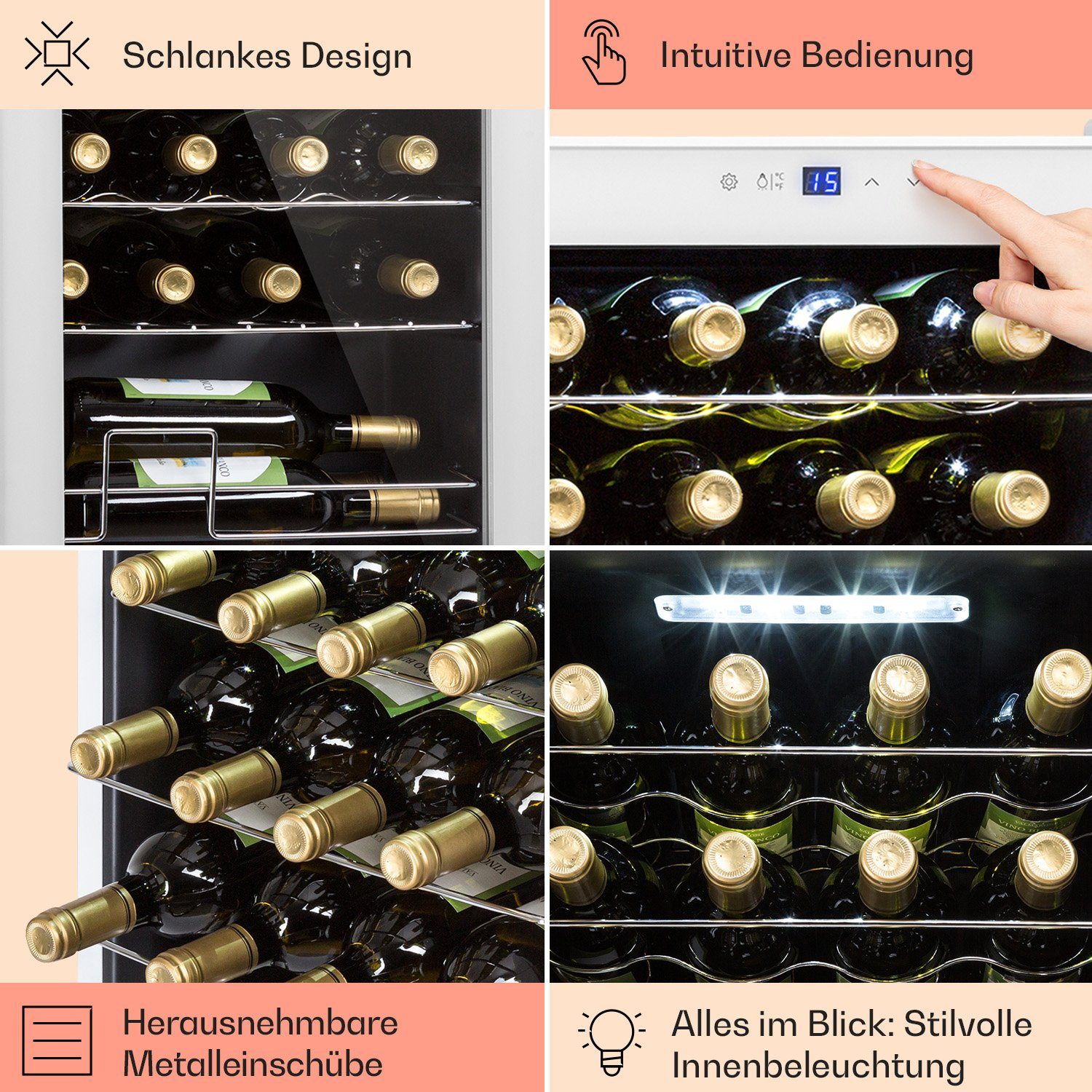 Klarstein Weinkühlschrank Shiraz 24 Uno, für 24 Standardflaschen á 0,75l,Wein Flaschenkühlschrank Weintemperierschrank Weinschrank Kühlschrank