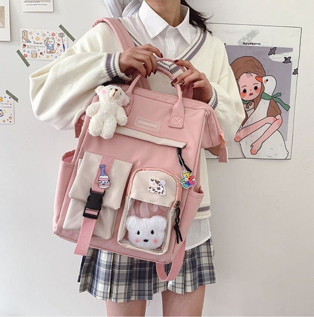XDeer Kinderrucksack Süße Mädchenrucksack,Büchertaschen(pink) mit Plüschanhänger für Teenager, Mädchen, Schulrucksack für Studenten,wasserabweisender Reiserucksack für die Schuler (Set), mit Laptopfach,mit Plüschanhänger