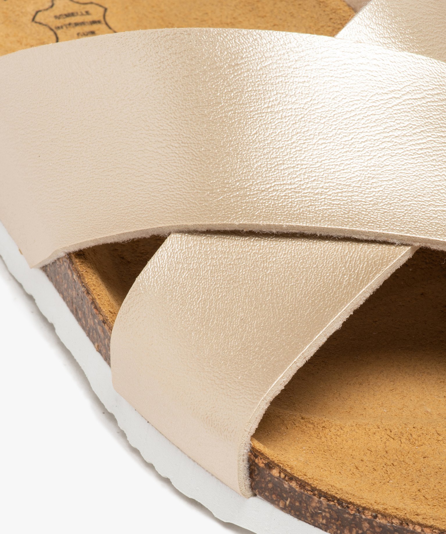 Mules femme à talon plat et larges brides croisées or | GEMO